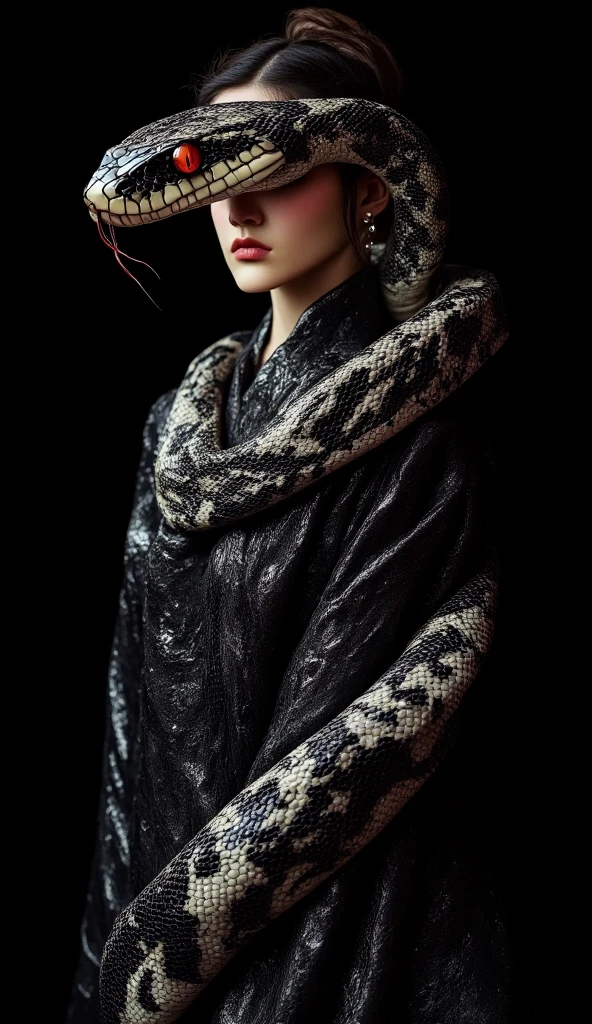 beautiful japanese woman wearing full black hijab and tanned skin, wearing designer maroon fur coat, and loose black satin turtle neck dress, Luxurious gold belt with jewels, thick eyebrows, photorealistic, masterpiece, moncle, open coat, pouting lips, pouting, blank black background with smoke and good lighting, carrying big python wrapped around her arms and neck with gold collar