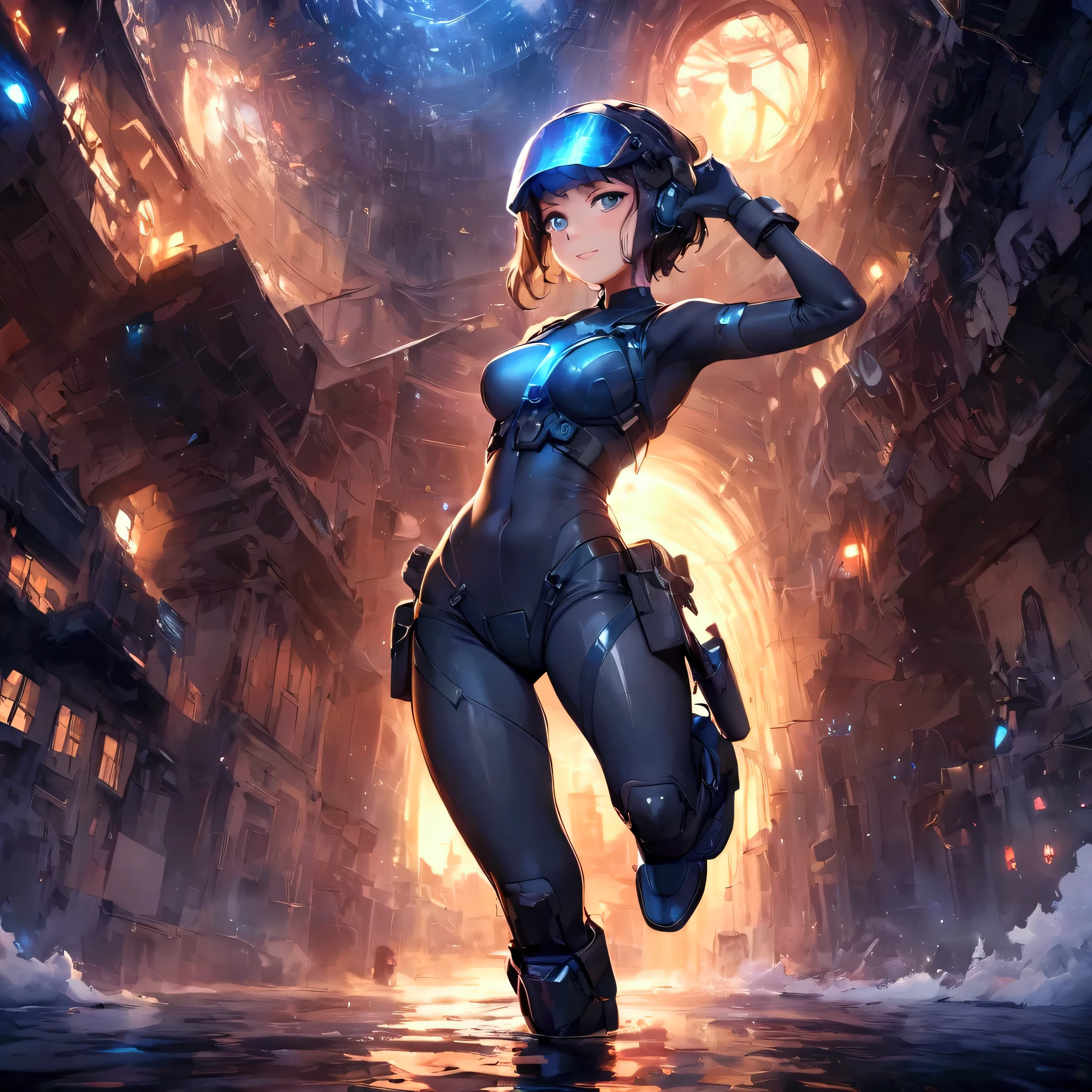 (Holographic glow effect), Top quality, (Ultra high resolution), Japanese female, Small face, Cute, ((Blue glowing eyes): 1.2), Mechanical eyes, Glowing eyes, Fine eyes, Futuristic glow eyes, Well-defined eyes, Highly detailed face, Cowboy shot, Spaceship, (Navy blue enamel gloss tactical cyber bodysuit, Navy blue enamel gloss tactical cyber helmet, Detailed visor, Navy blue enamel gloss tactical holster, Navy blue enamel gloss elbow-length tactical gloves, Navy blue enamel gloss tactical long boots), Standing with legs apart, (Cinematic lighting), ((Full body image)), (High kick: 1.5),A young martial artist performing a high kick. A dynamic, glowing water ring surrounds her, radiating energy and creating a vivid and intense atmosphere. The background features a dramatic city nightscape with scattered sparks and reflections. The overall art style is highly detailed and anime-esque, with vibrant lighting and realistic textures. Light swirls and wind swirls surround the body. Glittering railroad tracks. Sunlight filtering through stained glass, moonlit backgrounds, pillars of light piercing the heavens, castles in the sky, heroines, and cinematic lighting.