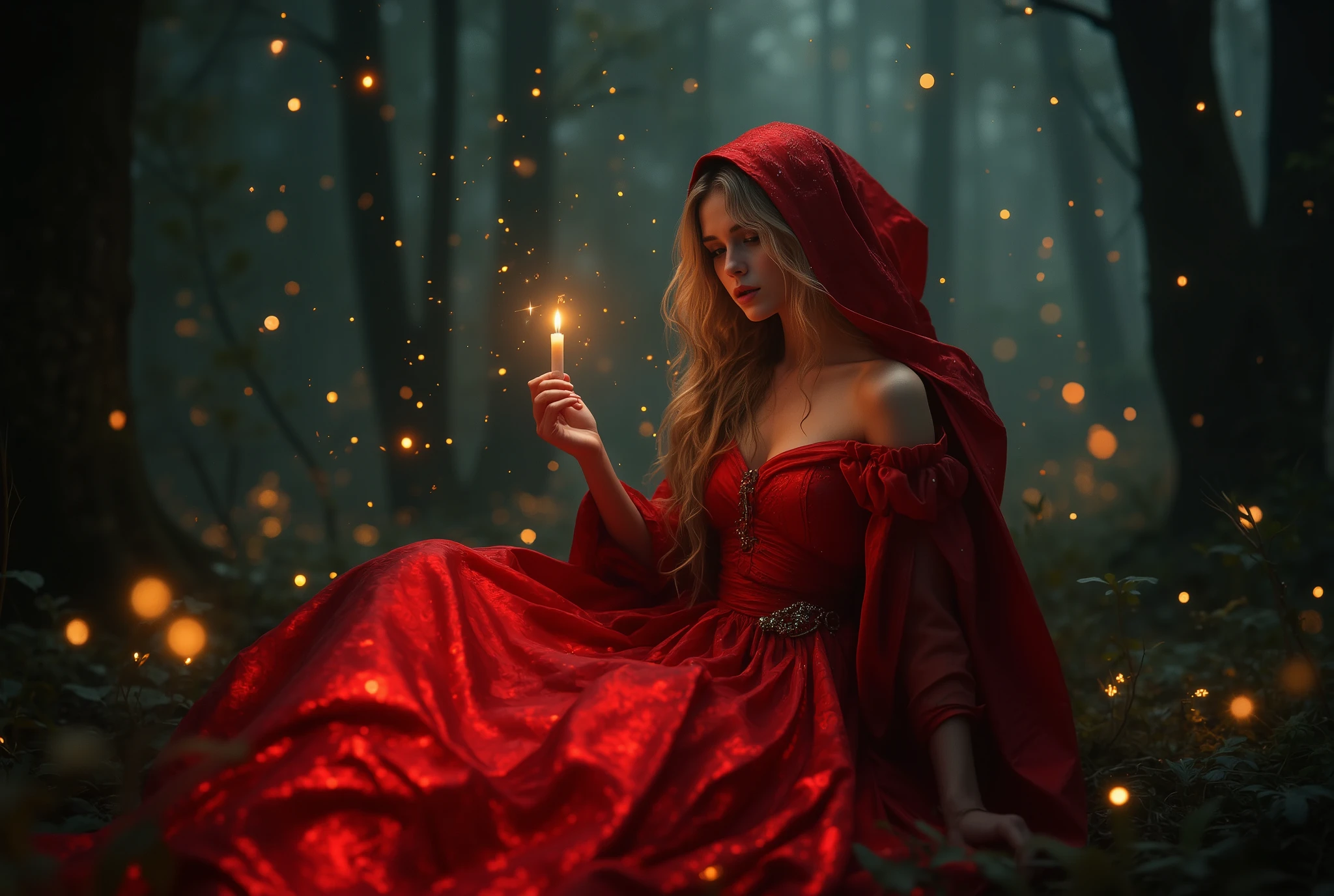 (( RAW Photo), absurd, close up, golden blonde girl very beautiful and with a sexy and mysterious touch of Little Red Riding Hood like for a ren's story, her red costume shines as if she were a FAIRY , general plan full body ( absurd resolution)), masterpiece, better quality ( Extremely detailed 8k unity CG wallpaper), ( best illustration ), ( best shade), Realistic lighting, detailed and beautiful shine, She is in a dark and dark forest it is night , but she glows in the dark her red suit flutters and shines with its own light in the dark, surrounded by fireflies that emit light, Making there be a halo of light around him , she has a candle in her hand, an artifact of light from which balls of light come out
