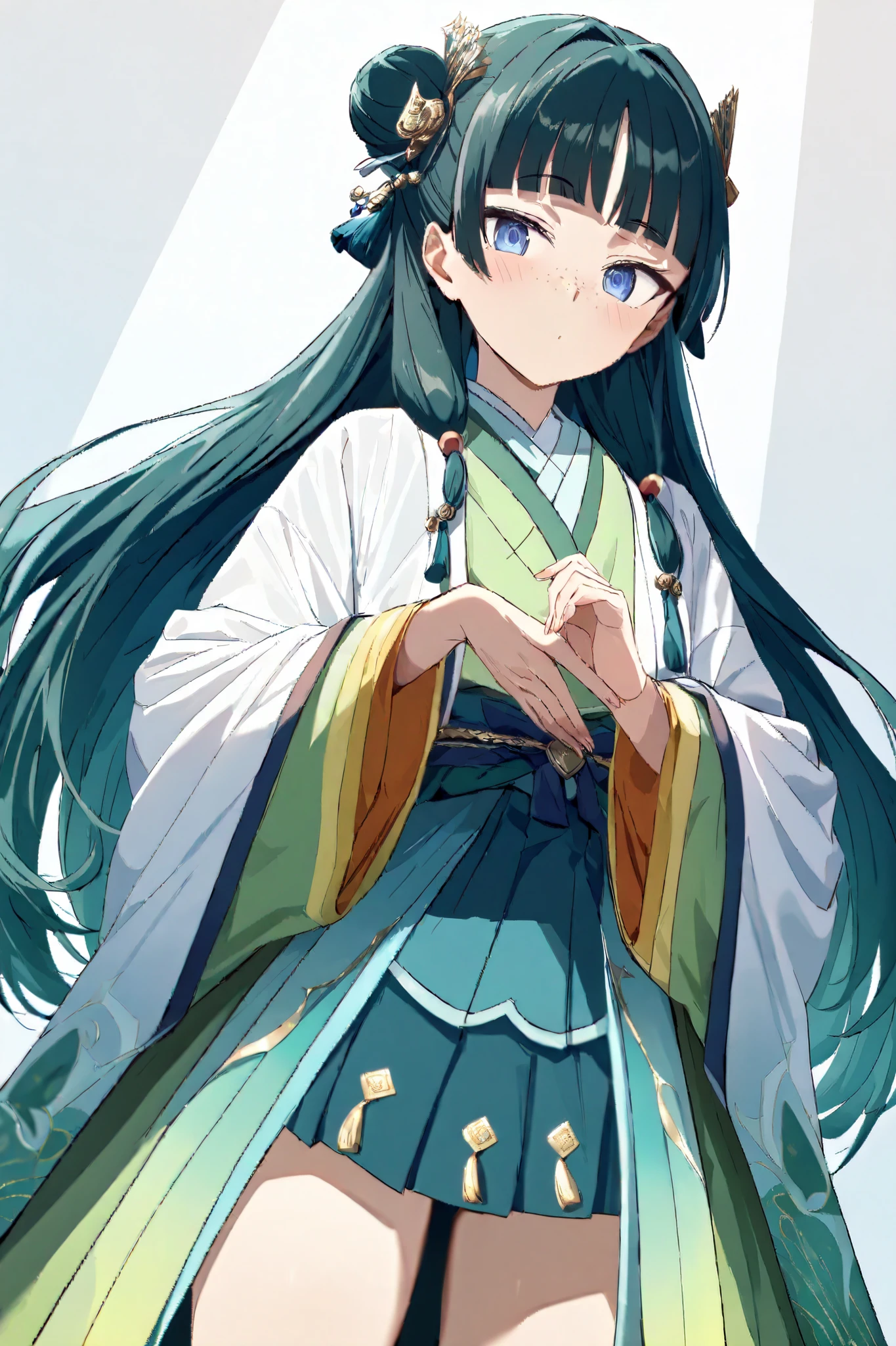 NSFW, Masterpiece, top quality, high resolution, very detailed,maomao、 long hair、bangs、 blue eyes、 hair ornament、 green hair、鈍いbangs、Freckles、 bun hair、 single bun, kimono、Robe、緑のRobe、 Long Sleeve、wide sleeve 、 skirt、赤い skirt