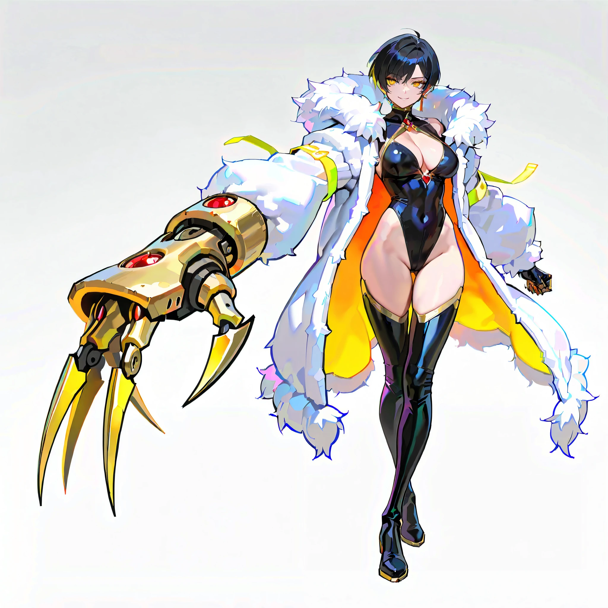 (((masterpiece))), (((Best Quality))), ((Ultra-detailed)), (High Definition anime Illustration), ((extremely delicate and beautiful)),((1 mechanical girl)),solo, Full body, white-yellow mixed with pixie cut hair, gold eyes,(right hand converted into a huge cybernetic claw:1.2),((talon of Horus :1.2)),(Left hand is a bare fist),((black wrestler costume with gold trim)),A smile,(wolf fur coat:1.2),(long boots:1.2)((red gem brooches))(Character Focus),highly detailed, Colorful, highest details, cyberpunk gang lady, Dowdy Hoodie, long boots Digital Painting, 8K High Resolution, trend art station, Whole body, supernatural lightning,(((white background)))