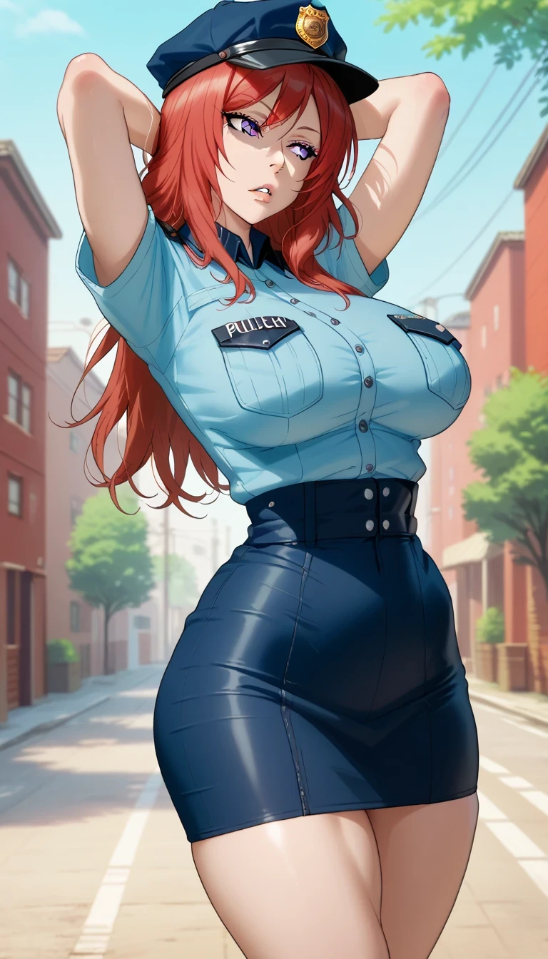 Female, Curvy body shape, Red hair, Bold geometric design, nishikino maki, sexual and bold posture, Outdoors, RUKIA Style,long hair, purple eyes,,seductive face,thin torso, narrow waist, police clothes,short skintight skirt, police cap,long girl, big breasts, parted lips, arms up behind head, looking away, impossible clothes, walking