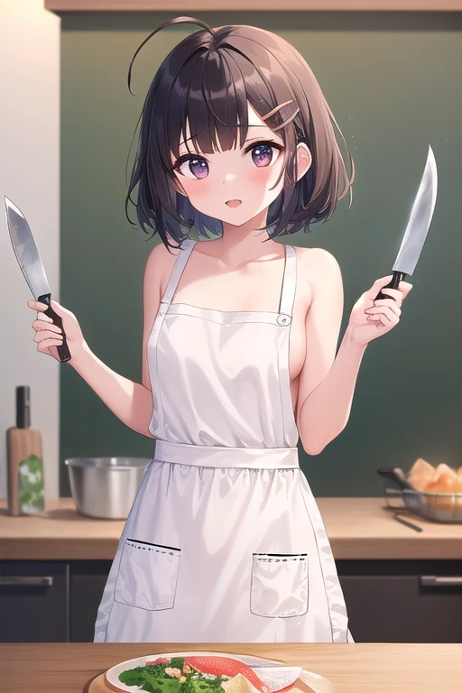 1girl in、A smile、Cooking in your room、barechested、Wearing only an apron、((small tits))、