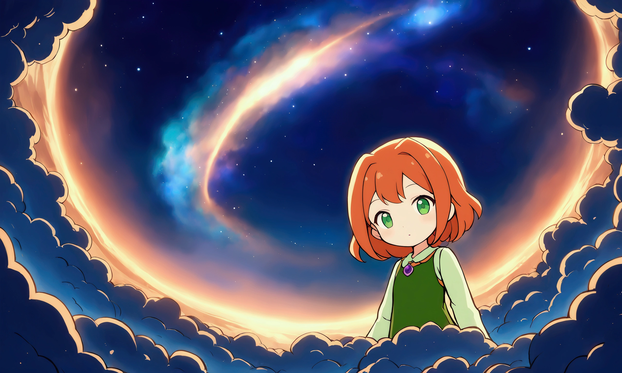 1girl , green eyes, purple pendant, orange hair, medium hair +++ yellow pantyhose, green dress, light green shirt, green boots Hiding face with arm, looking to the side, extremely quality extremely detailed, illustration, cute anime face cinematic lighting,Close up of a sky painting with stars and clouds, Cosmic Clouds , Space Sky, Space Sky, Cosmic Clouds 景について, Cosmic Clouds 景色に座っている, Space Sky, Background artwork, starry sky , Celestial Background , galaxy sky , starry sky , 宇宙の starry sky , Nebula Sky, atmospheric fantasy sky , Galaxy in the Sky , Empty Universe