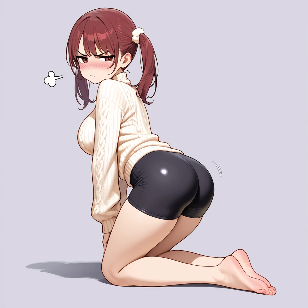 A man, femboy, clear skin, Slim and delicate body, pelo en un Alone moño, red hair red eyes, black sweatshirt, red string thong, fat ass, thick thighs, small penis, blushing, nervous expression, touching her butt, Alone,