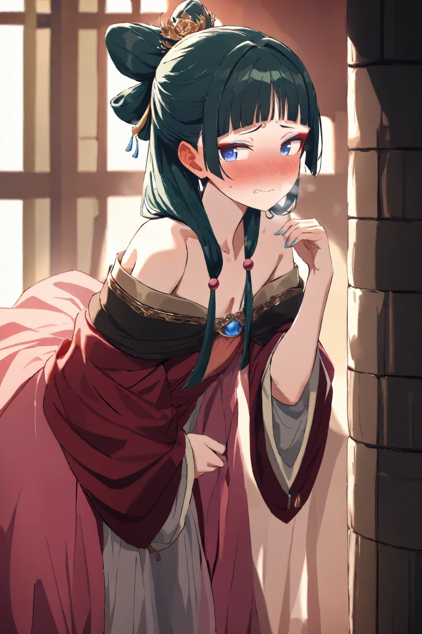 NSFW, Masterpiece, top quality, high resolution, very detailed,maomao、 long hair、bangs、 blue eyes、 hair ornament、 green hair、鈍いbangs, eyeliner, lip gloss, bun hair、 single bun,High-quality dress, off the shoulder ,Embarrassed,blush,Brothel