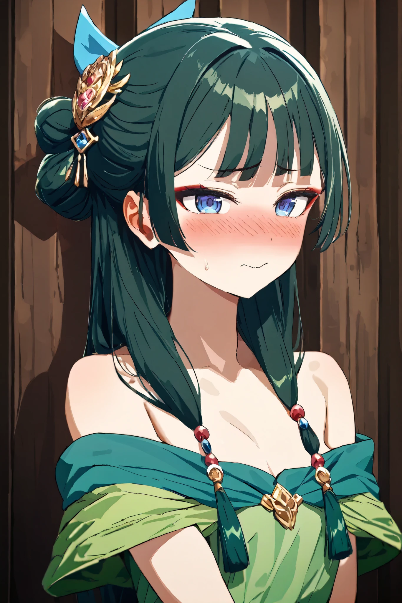 NSFW, Masterpiece, top quality, high resolution, very detailed,maomao、 long hair、bangs、 blue eyes、 hair ornament、 green hair、鈍いbangs, eyeliner, lip gloss, bun hair、 single bun,High-quality dress, off the shoulder ,Embarrassed,blush,Brothel