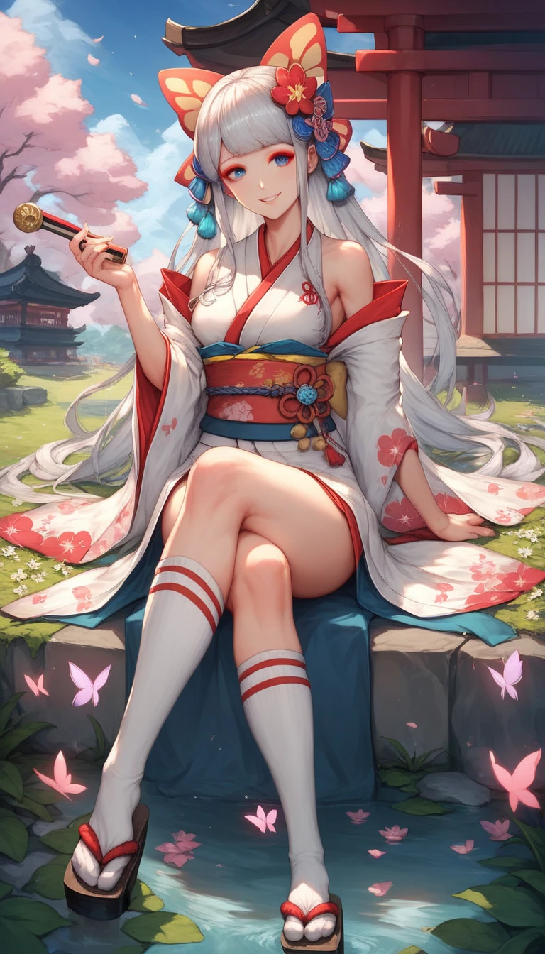 Best Image Quality, MasterPiece, Ultra High Resolution, (Accuracy: 1.4), Very beautiful girl, long straight hair, white hair with bangs, dressed in an unbuttoned kimono, naked big breasts, naked, sitting in the lotus position, detailed legs, white socks, short socks, hands pointing to the sides, tattoo on the whole body, tattoo on the body, reads mantras, against the background of the night starry sky there is a big fluffy hare, Red Moon. detailed eyes, eyes of different colors, detailed face, naked body,, nfsw, beautiful detailed eyes, halo around the head, dull, dark, membranous, 1.5), (erotic clothing: 1.4), bare shoulders.