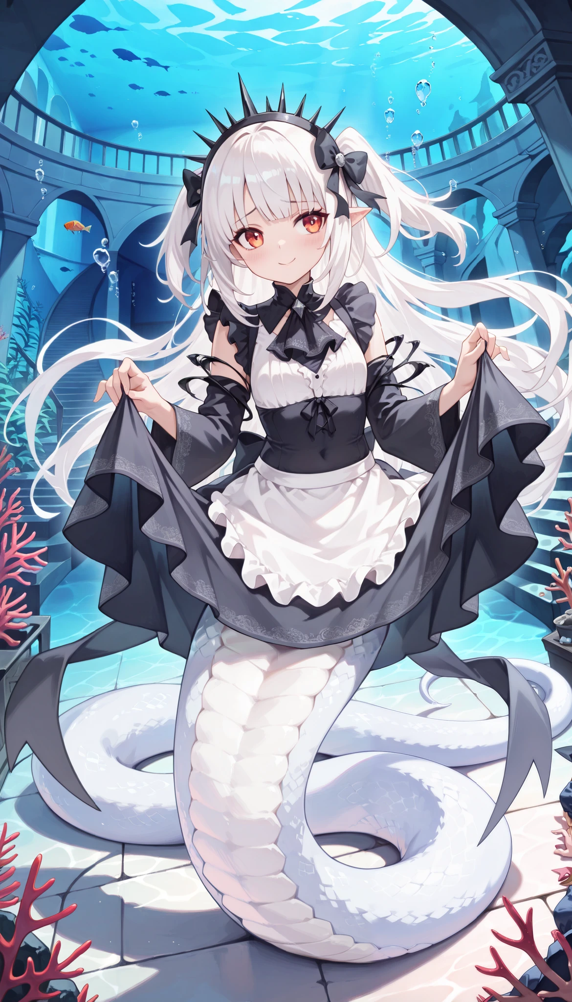 ( masterpiece), ( with men is the best quality ),( full five fingers ), a-bao a qun - shadows without light, Side Ponytail, 1 girl working part-time, alone, Watched the audience , Maid outfit, full body photo, White hair,Headdress, Smile,Shy, lift up skirt , Very beautiful , ridiculous, Latest, Lamia, White Snake Tail ,(Underwater:1.2),seabed