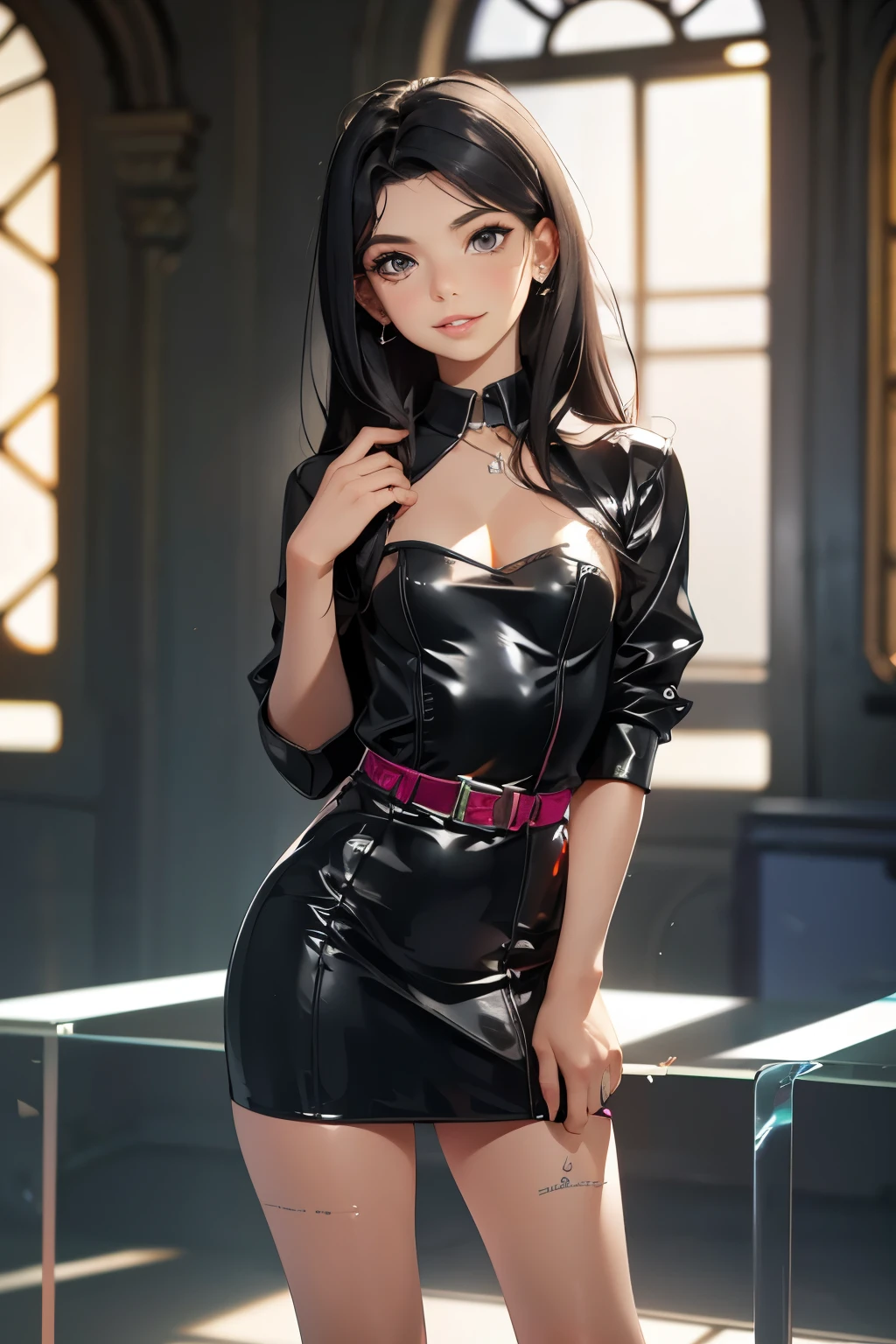 photorealistic, octane render, best quality, 1girl, skinny, petite, narrow waist, long hair, (ringlets hair, black hair:1.1), yellow eyes, huge breasts, black dress, short skirt, black thighhighs, hair ornament, armband, choker, jewelry, standing, thighs, makeup, smile, looking at viewer, sharp focus, (8k), (4k), (Masterpiece), (Best Quality), realistic skin texture, extremely detailed, intricate, hyper detailed, illustration, soft lighting, high resolution, sharp detail, vivid, colorful, indoors, living room, flat screen television, detailed background, <lora:add_detail:0.6> <lora:YorBlackDress:0.85>