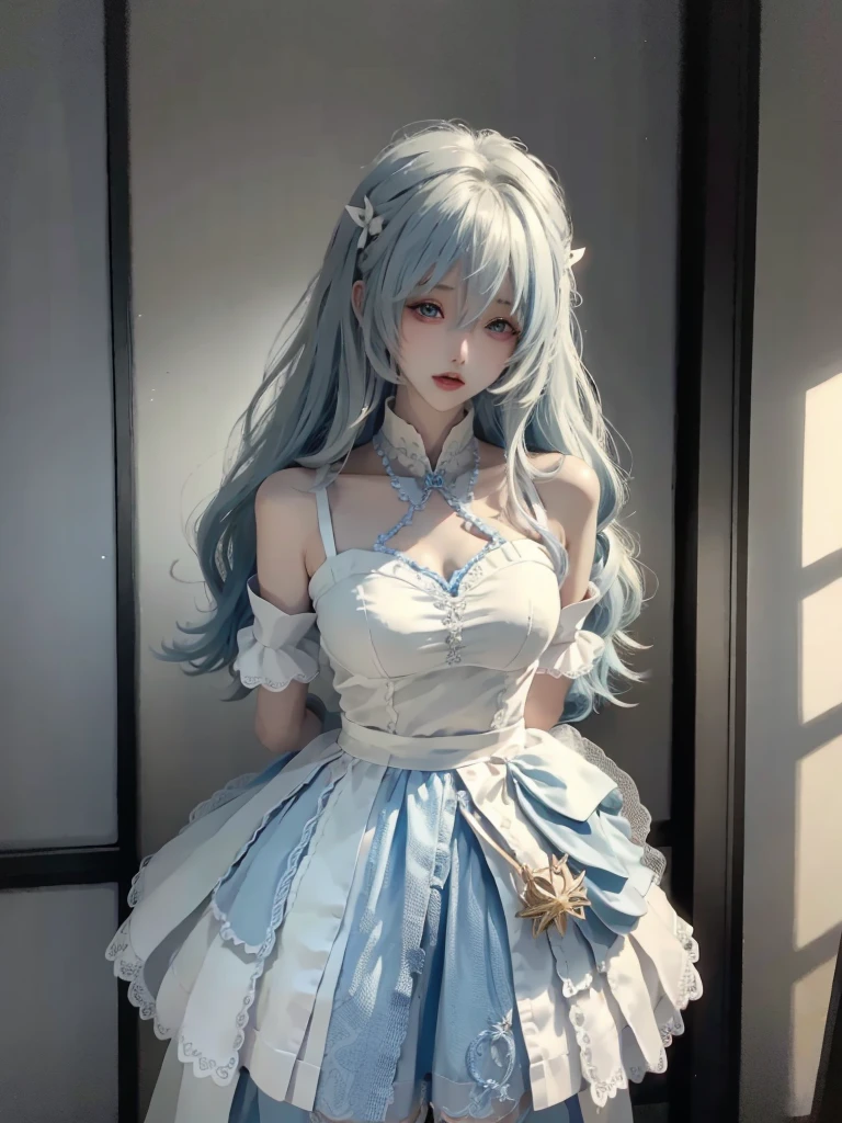 Small , (beautiful detail eye), movie lighting, white hair, blue eyes, golden long hair, curly hair, Roman curly hair, fluffy sleeves, ruffles, glowing eyes, (glowing particles), misty packaging, Alice's Adventures in Wonderland, blue eyes, light blue dress, cane, dramatic composition, extreme details, high resolution, Mr. Rabbit, White Rabbit, pocket watch, flying playing cards in the air, Lolita dress, blue and white striped stockings, bow, looking at the camera, pleated socks, pearl necklace, lace gloves, large butterfly headwear, ribbon, jumping, falling, floating, cloudy, starry sky, dreamy