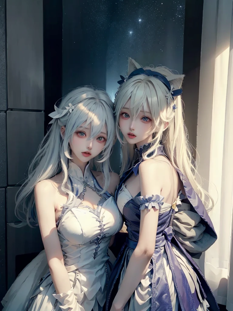 ((best qualtiy)), ((tmasterpiece)), (the detail:1.4), 3D, A beautiful cyberpunk female image,hdr(HighDynamicRange),Ray traching,NVIDIA RTX,Hyper-Resolution,Unreal 5,Subsurface scattering、PBR Texture、post-proces、Anisotropy Filtering、depth of fields、maximum definition and sharpness、Many-Layer Textures、Albedo e mapas Speculares、Surface coloring、Accurate simulation of light-material interactions、perfectly proportions、rendering by octane、Two-colored light、largeaperture、Low ISO、White balance、the rule of thirds、8K raw data、full bodyesbian、A pair of beautiful melancholy eyes,Long silver-gray hair、A pair of long legs,Mechanical clothes,big breasts exposed cleavage