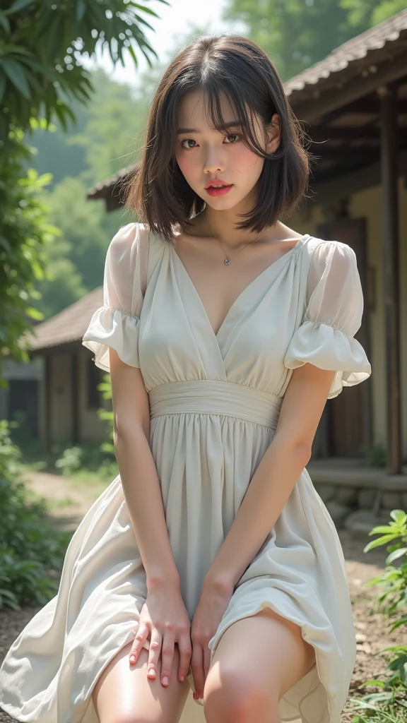 (1 Korean star with royal sister style), ((Best quality, 8K, 巨作: 1.3)), focal point: 1.2, Perfect body proportions: 1.4, (Make a smile), (Ray traching),Watery eyes, Highly Detailed Face and Skin Textur, Fine eyes, Double eyelids, (Do it on the lawn:1.3),Whitens the skin, (wave: 1.3), (face round: 1.5), (Floral dress: 1.4), (black lence stockings: 1.4),(film grain style:1.3),a sense of atmosphere
