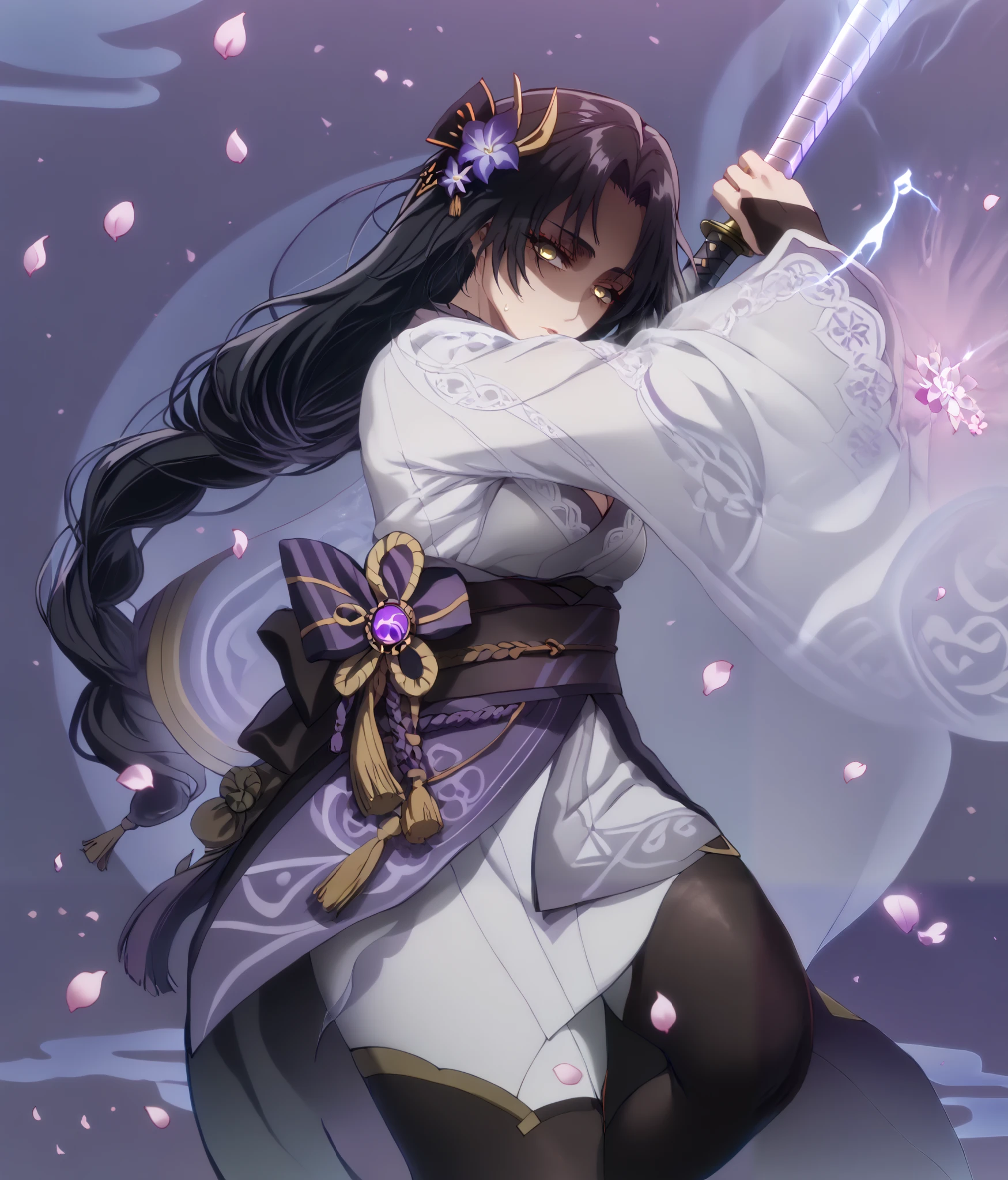 score_9, score_8_up, score_7_up, score_6_up, uncensored, dominique de sade, long hair, ((black hair)), parted bangs, yellow eyes, black pupils, anime coloring, anime screencap, (voluptuous:1.3), (thick:1.3), BREAK UHD, retina, masterpiece, accurate, anatomically correct, textured skin, super detail, high details, high quality, award winning, best quality, highres, 4K, excessive sweating, sweating, sweating drop, (gasping, heavy breathing:1.3), (skindentation:1.2), perfect eyes, beautiful eyes, eyelashes, makeup, detailed body, perfect body, BREAK, 1girl, solo, japanese_clothes, sword, weapon, breasts, holding_sword, kimono, holding_weapon, thighhighs, obiage, musou_isshin_(genshin_impact), purple_flower, looking_at_viewer, obi, holding, sash, flower, tomoe_(symbol), obijime, mitsudomoe_(shape), electricity, cleavage, wide_sleeves, bridal_gauntlets, tassel, closed_mouth, long_sleeves, egasumi, petals, katana, ribbon, falling_petals, purple_nails, drawing_sword, vision_(genshin_impact), purple_thighhighs, shaded face, (aura:1.4), simple background
