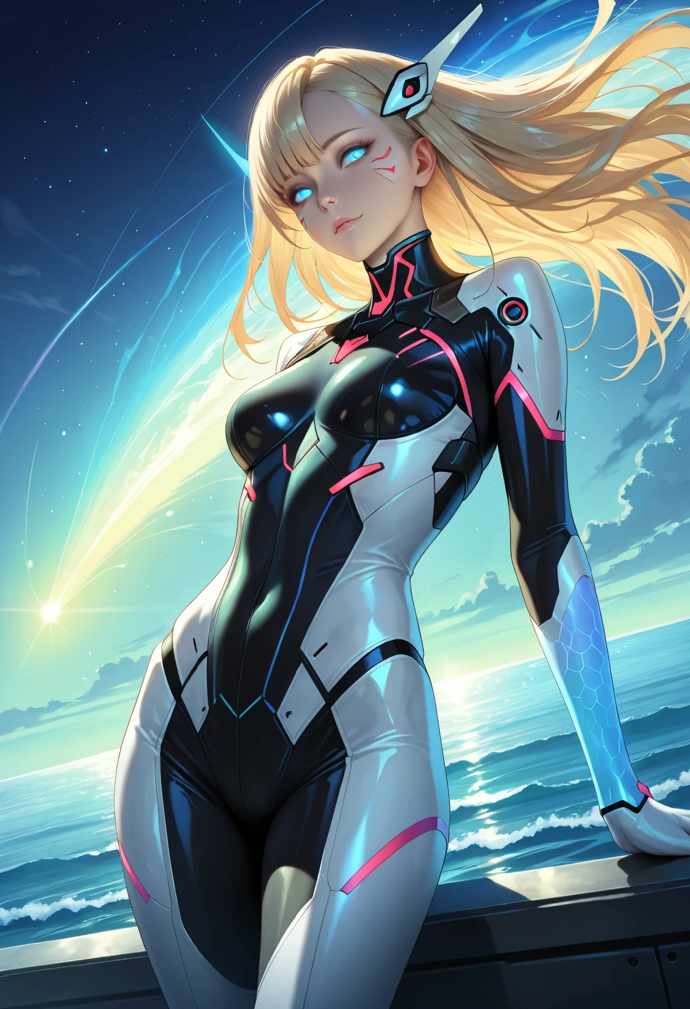 8K resolution, refined features, perfect face, glowing skin, high detail, latex_bodysuit, creamy white mucus body, enveloping the whole body, transparent liquid texture, sexy,busty,upright_straddle, sunrise, water, side view