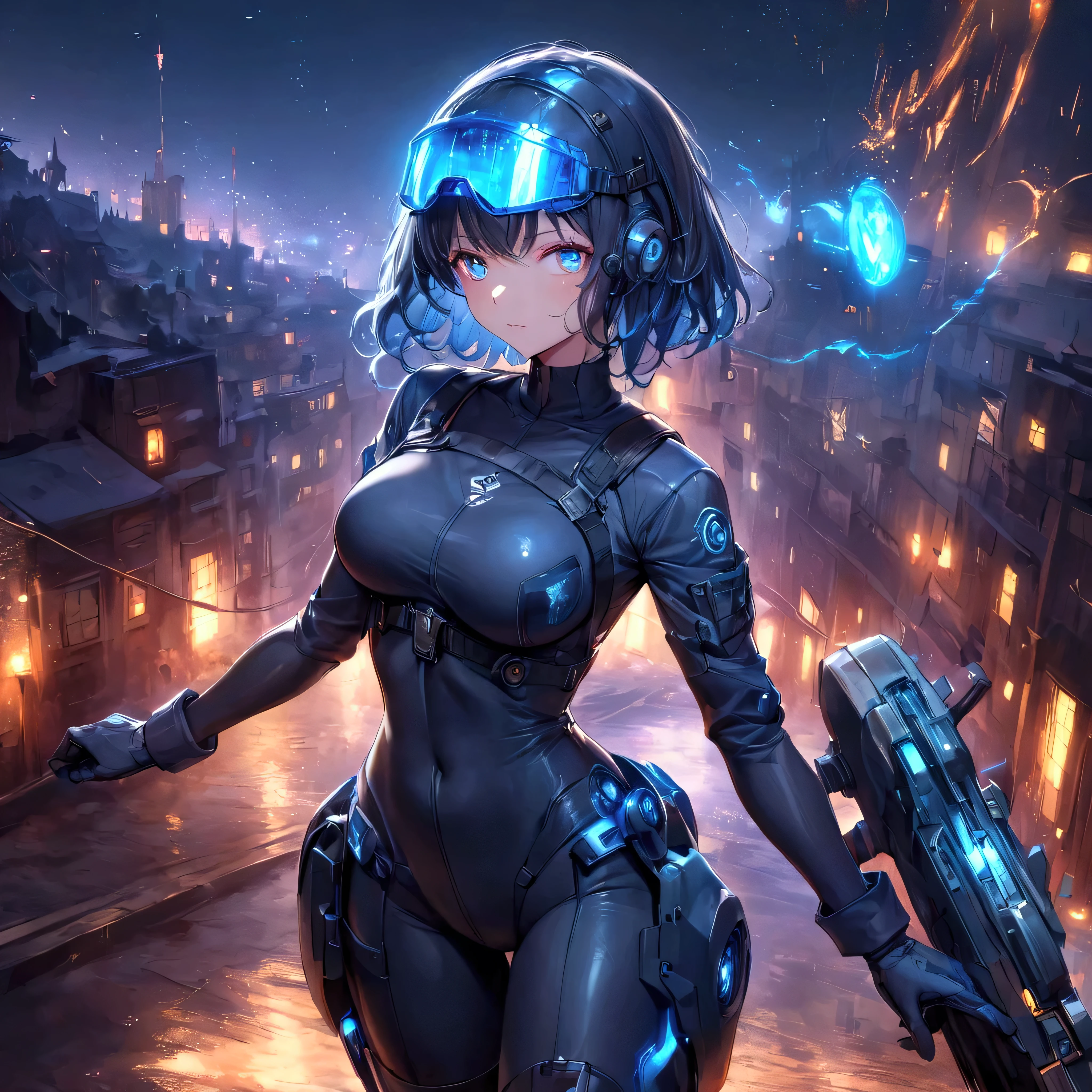 (Holographic glow effect), Top Quality, (Ultra High Resolution), Japanese female,Small face,Cute, ((Blue glowing eyes): 1.2), Mechanical eyes, Glowing eyes, Fine eyes, Futuristic glow eyes, Well shaped eyes, Highly detailed face, Cowboy shot, Spaceship, (Navy blue enamel glossy hard coat tactical cyber bodysuit, Navy blue enamel glossy hard coat tactical cyber helmet, Detailed visor, Navy blue enamel glossy hard coat tactical holster, Navy blue enamel glossy elbow-length hard coat tactical gloves, Navy blue enamel glossy hard coat tactical long boots), Standing with legs apart, (Cinematic lighting), ((Full body)), (High kick: 1.5),A young fighter performing a high kick. Dynamic, sparkling water rings surround her, radiating energy for a vibrant, intense atmosphere. The background features a dramatic urban nightscape with scattered sparks and reflections. The overall art style is highly detailed and anime-esque, featuring vibrant lighting and realistic textures. Light swirls and wind swirls surround her body. Glittering railroad tracks. Sunlight filtering through stained glass, moonlit background, pillars of light piercing the heavens, castles in the sky, heroine, and cinematic lighting.