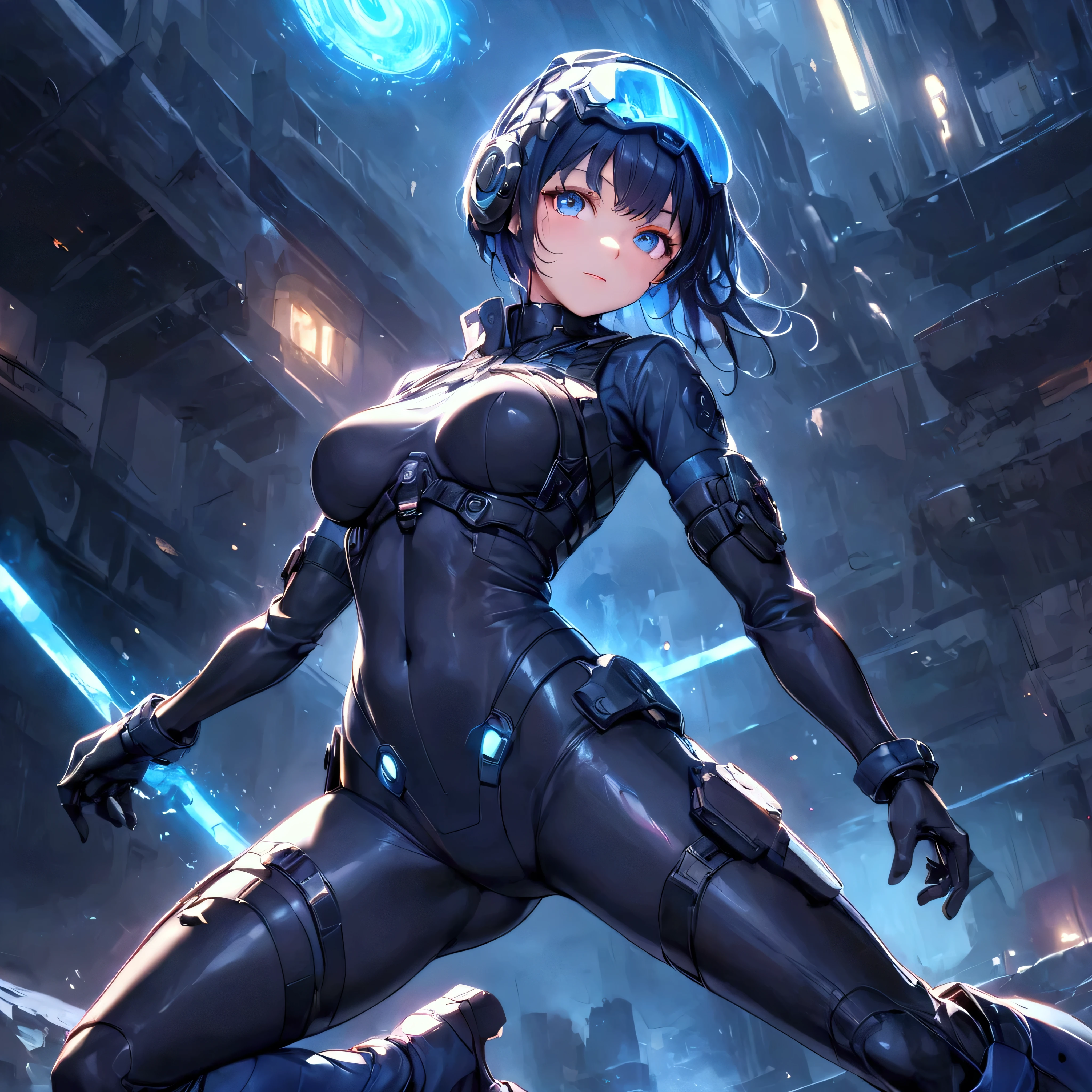 (Holographic glow effect), Top Quality, (Ultra High Resolution), Japanese female,Small face,Cute, ((Blue glowing eyes): 1.2), Mechanical eyes, Glowing eyes, Fine eyes, Futuristic glow eyes, Well shaped eyes, Highly detailed face, Cowboy shot, Spaceship, (Navy blue enamel glossy hard coat tactical cyber bodysuit, Navy blue enamel glossy hard coat tactical cyber helmet, Detailed visor, Navy blue enamel glossy hard coat tactical holster, Navy blue enamel glossy elbow-length hard coat tactical gloves, Navy blue enamel glossy hard coat tactical long boots), Standing with legs apart, (Cinematic lighting), ((Full body)), (High kick: 1.5),A young fighter performing a high kick. Dynamic, sparkling water rings surround her, radiating energy for a vibrant, intense atmosphere. The background features a dramatic urban nightscape with scattered sparks and reflections. The overall art style is highly detailed and anime-esque, featuring vibrant lighting and realistic textures. Light swirls and wind swirls surround her body. Glittering railroad tracks. Sunlight filtering through stained glass, moonlit background, pillars of light piercing the heavens, castles in the sky, heroine, and cinematic lighting.