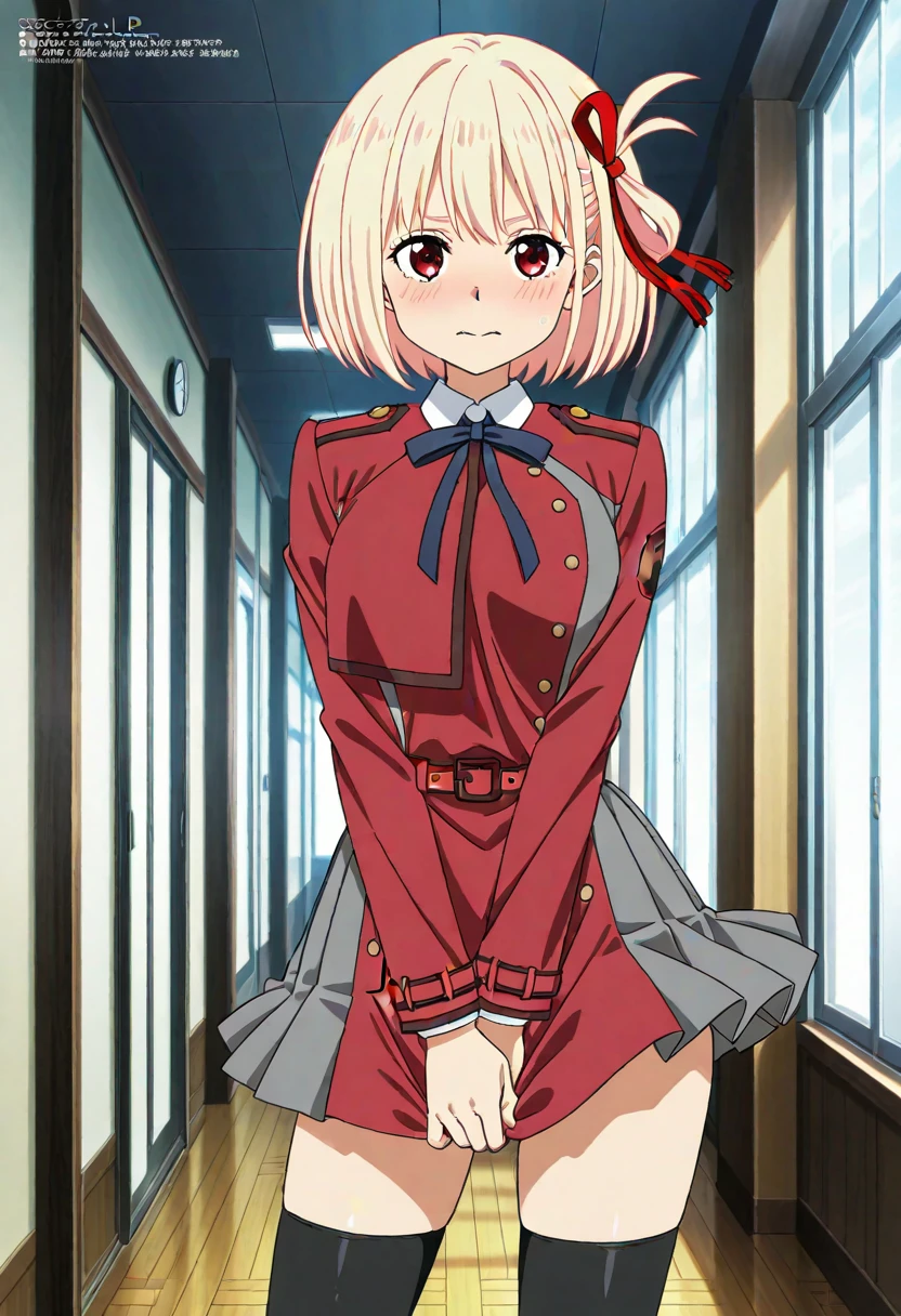 Showing panties、Anime girl in a red coat and skirt, Lift up your skirt、Blushing、Showing panties、Pull up your skirt、Short Hair、Alley