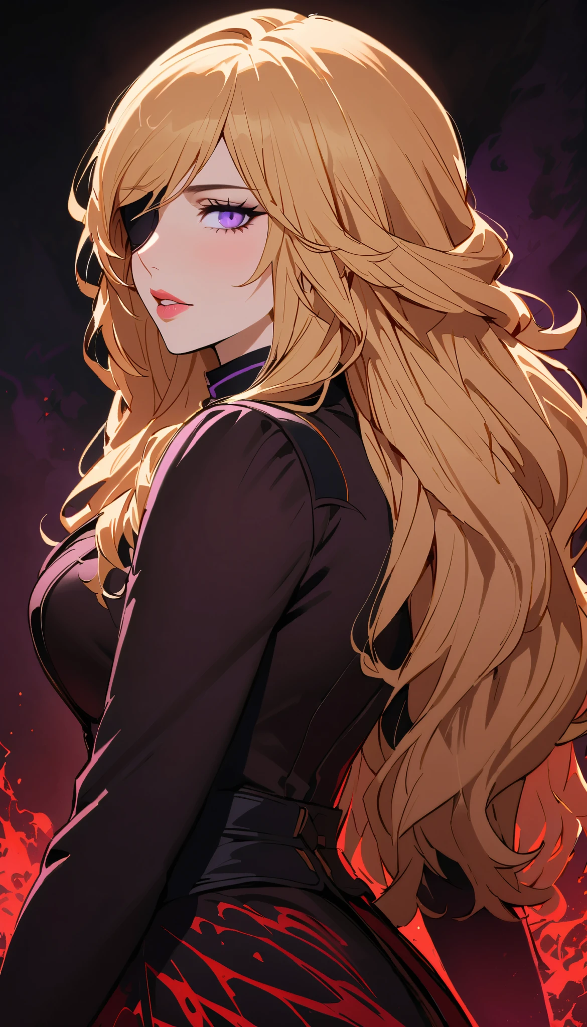 vintage movie, girl, wavy blonde hair, woman body, big boss, dark background around, focus on the character, dutch angle, from back, (((purple eyes))), black clothes, powerful woman, solo, secret, ((long hair)) , yang xiao long from rwby, dark energy, (( dragon blood effects )), ((mature)), ((soft eyepatch)), flower, closed mouth, dangerous smile, ((perfect lips))