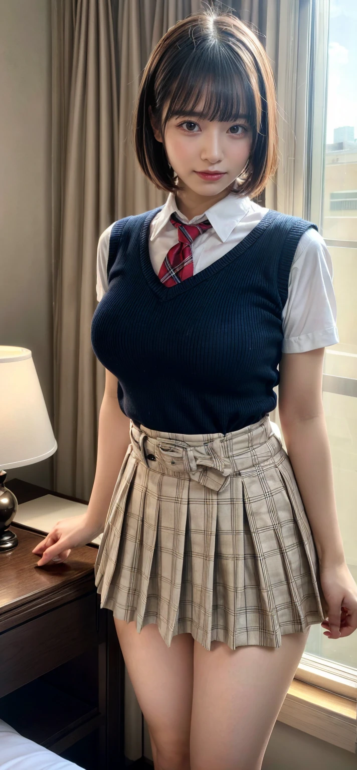 (masterpiece:1.2, highest quality), (Realistic, photoRealistic:1.4), Beautiful illustrations, (Natural Side Lighting, Cinema Lighting), Written boundary depth, Looking at the audience, (Face Focus, Upper Body), Front view, 1 girl, English, high school girl, , Perfect Face, Symmetrical cute face, Shiny skin, (Bob Hair:1.7,blonde), Asymmetrical bangs, Big eyes, Droopy eyes, long eyelashes chest), thin, Beautiful Hair, Beautiful Face, Beautiful and beautiful eyes, Beautiful clavicle, Beautiful body, Beautiful breasts, Beautiful thighs, Beautiful legs, Beautiful fingers, ((High-quality fabric, brown knit vest, Short sleeve white collar shirt, Navy Pleated Skirt, Navy bow tie)), (Beautiful views), evening, (Inside the flower shop), Are standing, (smile, Superior, Open your mouth), (From below:1.5),(Poor visibility:1.5), (((No pants, Genitals are visible))),(((Open your feet wide)))、