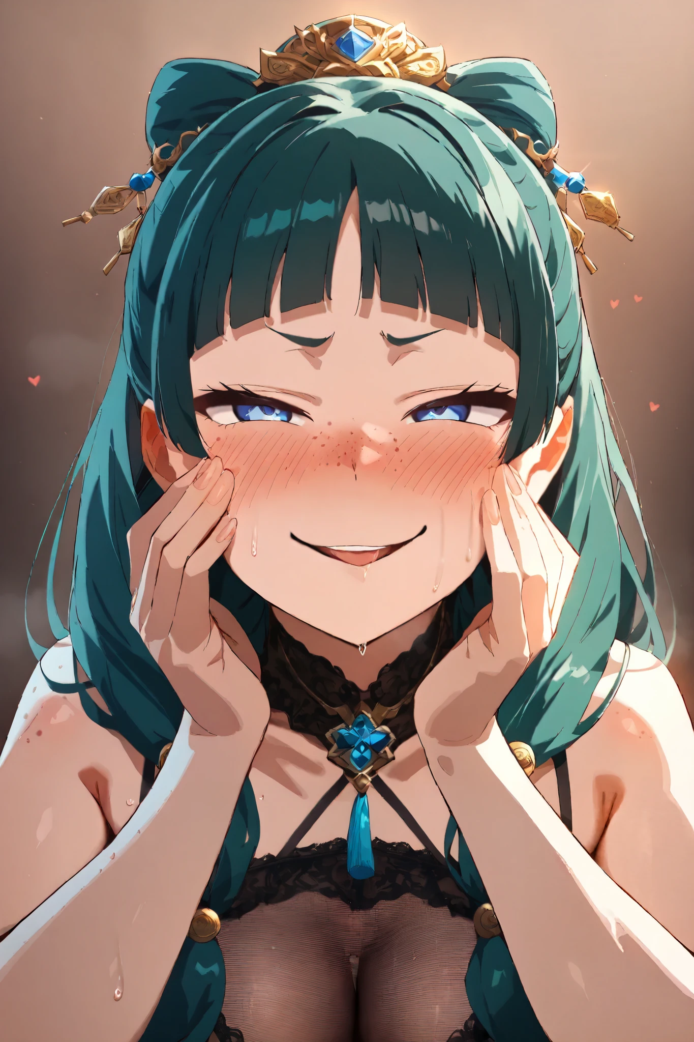 NSFW, Masterpiece, top quality, high resolution, very detailed,maomao、 long hair、bangs、 blue eyes、 hair ornament、 green hair、鈍いbangs、Freckles、 bun hair、 single bun,Prostitute,blush, fine see-through lingerie,Prostitute,(Ecstasy face:1.5)