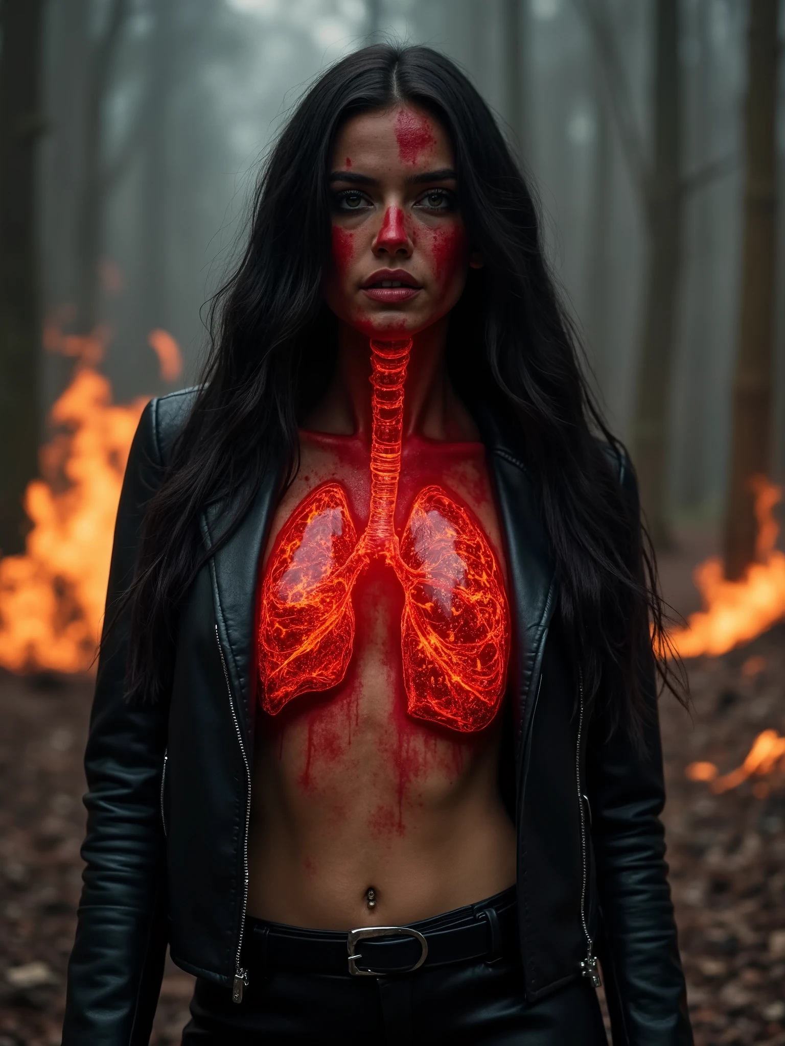 Beautiful woman with long dark hair, opened chest to see lungs of fire,red paint covering her face and neck, burning forest background,dressed in dark leather pants, leather jacket,realistic photography,industrial art,dark ambient art,dark surrealism, dark ambient, realistic dystopia background