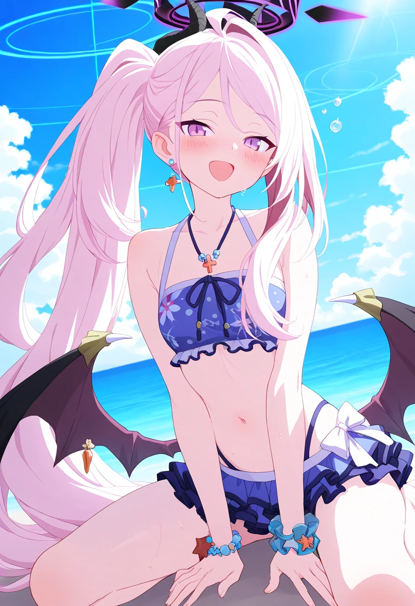 1_girl, (anime, kawai:2), (masterpeice, best_quality, clean:1.5), (sky_background:1.2), (cute, cute_smile, wholesome, young:1.8), (delicate, extremely_delicate, beautiful, thin:1.5), (girlfriend, angel:1.8), (green_eyes, simple_eyes:1.8) (long_hair, blond_hair, wearing_pink_bikini, pink_angel_wings:1.8), (combat:1.2), extremely_delicate, (love_magic:1.5), (age_size_fits_body), (small_thighs:1.3), (breasts), (eye_level:1.3), (heart_magic, love:1.8), (folded_legs:1.5)