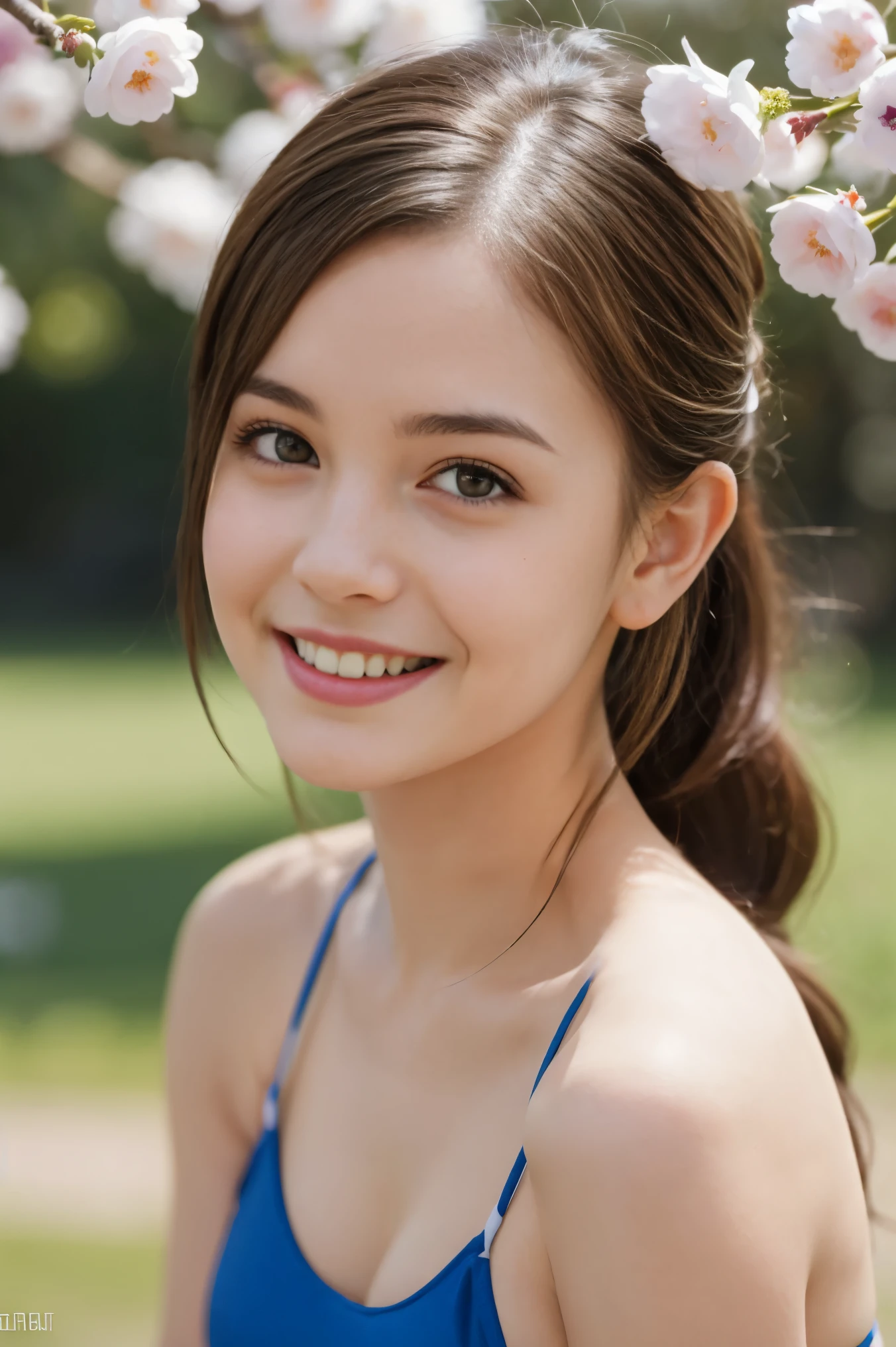 Masterpiece, Best quality, 8k, 18 ans, Photo brute, absurdes, Award-winning portrait, sourire, sourire, pure, french,spring, orchard in bloom, famous singer, cute, fit, healthy, lovely, posing, pony tail, swimsuit illustrated, sexy pose, happy smile