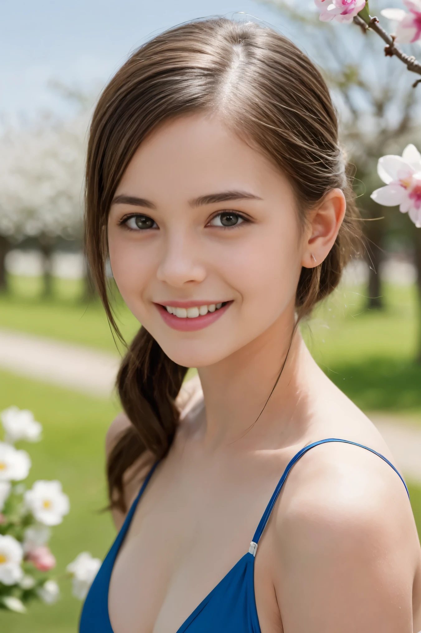 Masterpiece, Best quality, 8k, 18 ans, Photo brute, absurdes, Award-winning portrait, sourire, sourire, pure, french,spring, orchard in bloom, famous singer, cute, fit, healthy, lovely, posing, pony tail, swimsuit illustrated, sexy pose, happy smile