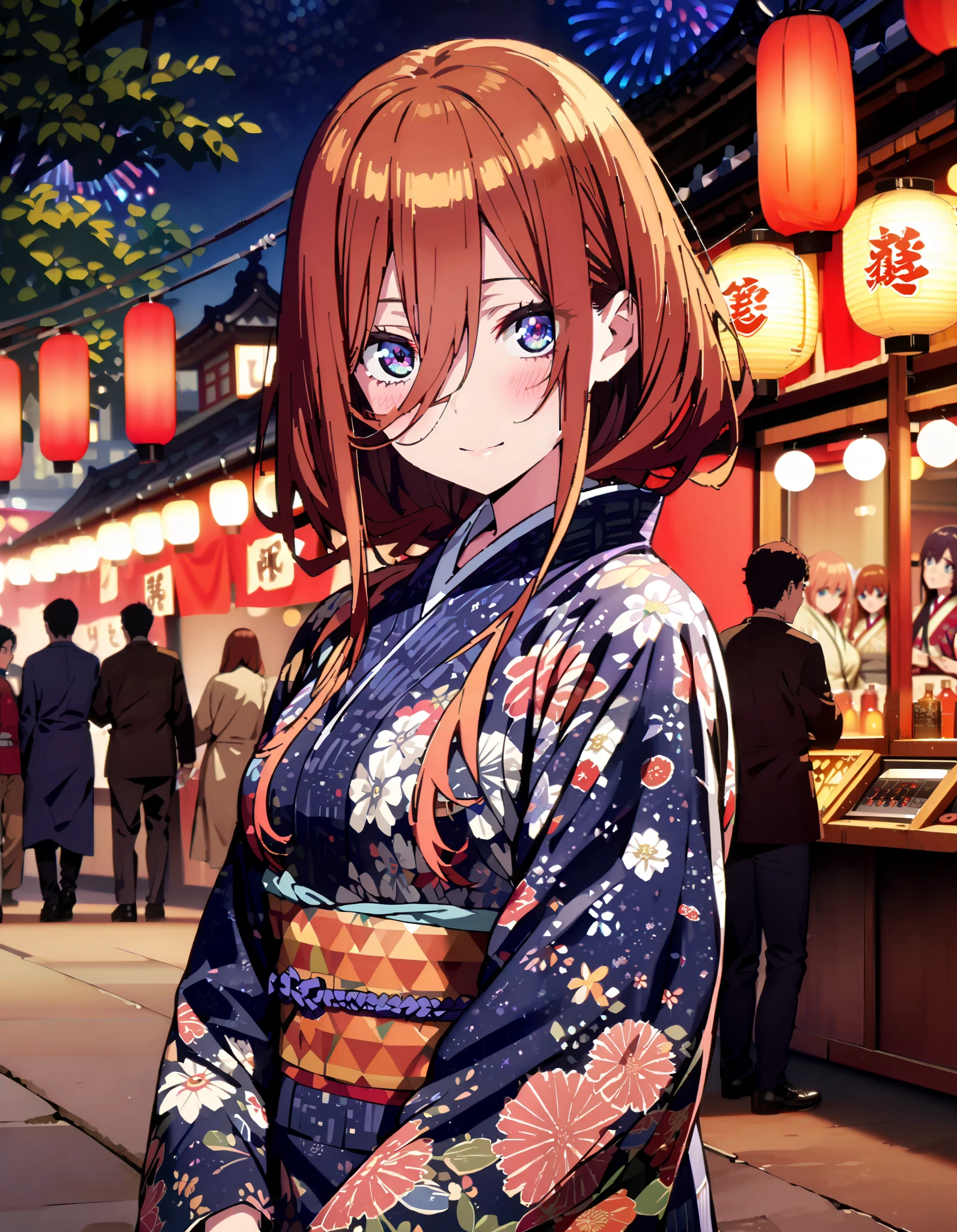 Nakano Future, Alone, long hair, bangs, blue eyes, brown hair, long hair, bangs, blue eyes, brown hair, hair between eyes ,smile,blush, legs ,Blue flower pattern kimono, side lock , long skirt ,日本のfestival,夏festivalの屋台, red lanterns,Fireworks in the night sky, fireworks,The time is night, standing,whole bodyが illustration に入るように,
break outdoors, festival,
break looking at viewer, whole body、
break ( Masterpiece:1.2), top quality, high resolution, unity 8k wallpaper, ( illustration :0.8), ( beautiful detailed eyes:1.6), highly detailed faces at a pachinko parlor, perfect lighting, Highly Detailed CG, ( perfect hands , perfect anatomy ),