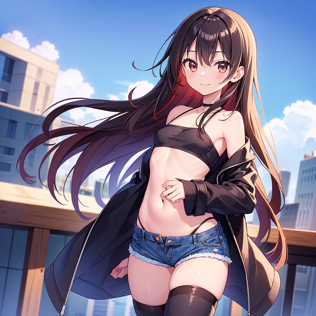 girl,(masterpiece,Highest quality),Street、bangs、naked,naked肩、黒いhat、Brown eyes、Brown Hair、smile、passionate、hat、Swimwear,long hair、(Underboob),Micro Camisole、looking at the camera、shoeicro Mini Shorts,solo、Are standing、Belly button piercing?