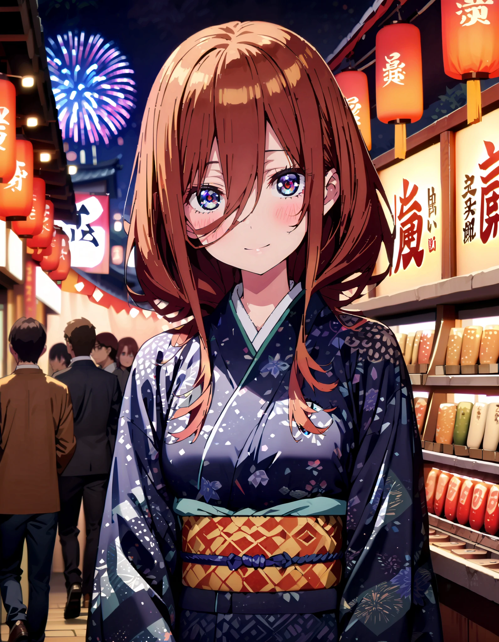 Nakano Future, Alone, long hair, bangs, blue eyes, brown hair, long hair, bangs, blue eyes, brown hair, hair between eyes ,smile,blush, legs ,Blue flower pattern kimono, side lock , long skirt ,日本のfestival,夏festivalの屋台, red lanterns,Fireworks in the night sky, fireworks,The time is night, standing,whole bodyが illustration に入るように,
break outdoors, festival,
break looking at viewer, whole body、
break ( Masterpiece:1.2), top quality, high resolution, unity 8k wallpaper, ( illustration :0.8), ( beautiful detailed eyes:1.6), highly detailed faces at a pachinko parlor, perfect lighting, Highly Detailed CG, ( perfect hands , perfect anatomy ),