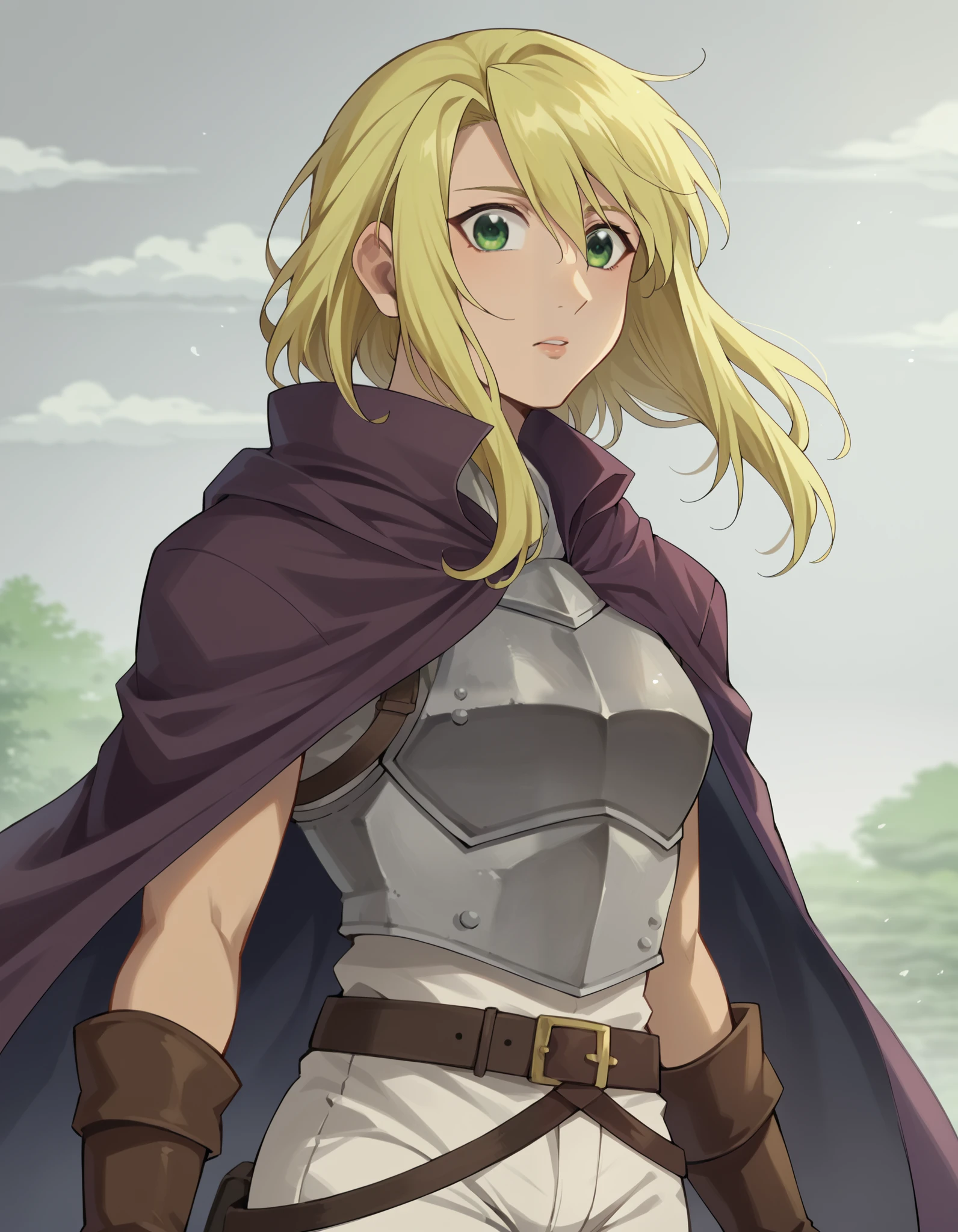 score_9, score_8_ upwards, score_7_ upwards, source_anime,
Beautiful blonde girl with a medium length hairstyle, hair develops in the wind , thin pigtail in the hair behind the ear , shaggy hair bob with bangs , hair between eyes , green eyes, light tanned skin, slightly tanned skin, slightly opened sensual lips , flat bust, Very small bust , grey long sleeve tunic t-shirt, armor, серебряные защитные пластины на груди и плечах armor, плоский громоздкий armor на груди, spacious white trousers , Grey loincloth, brown boots with white fur , purple cape with thin white trim, the lilac cape has white edges , , the sword in the sheath hangs from the belt at the waist