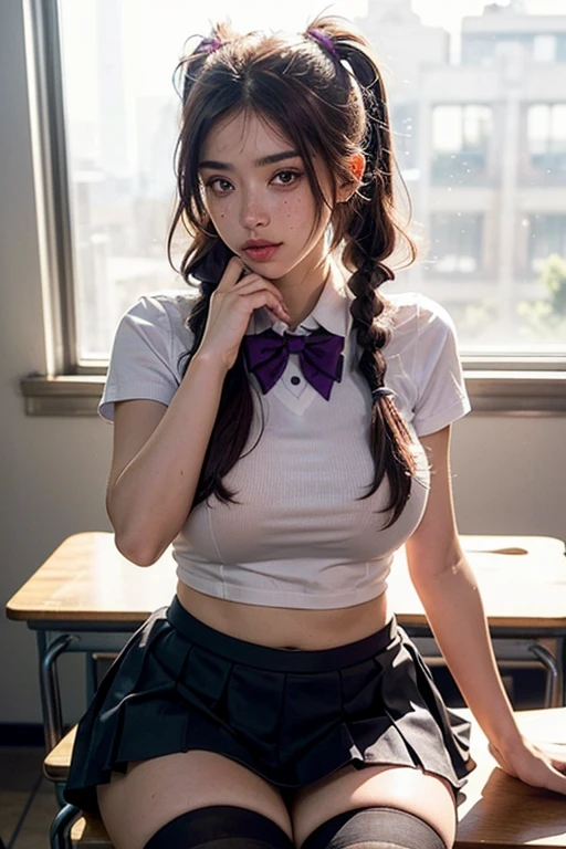 (Cowboy Shot)、alone, hair ornaments, cardigan, Bowl Cut Hair, Purple Hair, Black bow tie, Sitting,desire,compelling glances,Hyperrealism, Original Creation, High quality 8K backgrounds, Intricately etched, Visually stunning, aesthetic wonder, Perfect excellence, The intense ambiguity, Calm colors、(Very long hair)、Beautiful woman in braids,(school uniform)、Plain Shirt、Shirt with emblem on chest, Pleated skirt、(((weak)))、((Delicate painting)),(Detailed RAW photos of girls), (Highest quality:1.6), (Ultra-high resolution:1.5), (Realistic:1.75), 8K resolution, Canon EOS R5, 50mm, Absurd, Very detailed,Cinema Lighting,((Spread your legs))、((Panties are visible through the gap in the skirt))、((defenseless))、(cute printed panties)、(school bag)、Browsing Caution:0.2