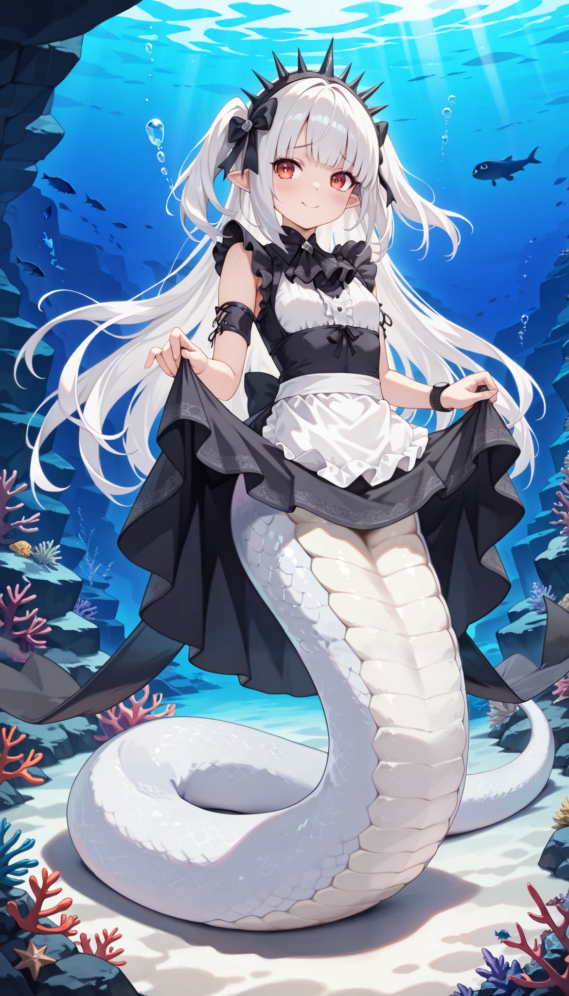 ( masterpiece), ( with men is the best quality),( full five fingers), A-bao a qun - Shadows without light, Side Ponytail,1 Girl, alone, Watch, maid outfit,Full body picture, long white hair,headdress,Smile,shy,Lift up the skirt, are very beautiful,absurdres, latest, lamia, White Snake Tail,(Underwater:1.2),seabed