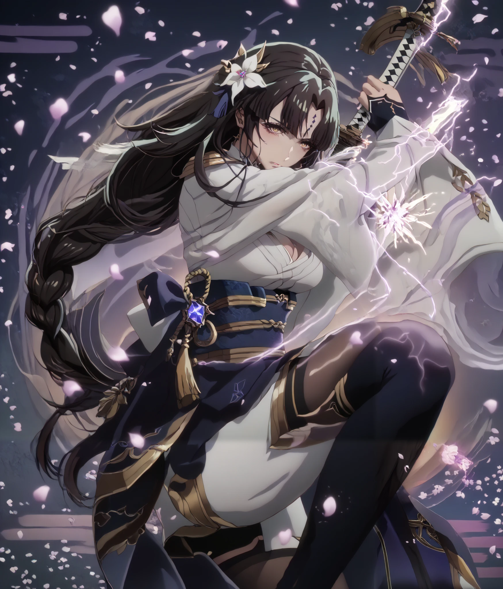 score_9, score_8_up, score_7_up, score_6_up, uncensored, michiko tanaka, long hair, black hair, yellow eyes, facial mark, forehead mark, bright pupils, anime coloring, anime screencap, (voluptuous:1.3), (thick:1.3), BREAK Masterpiece, extremely detailed, excessive sweating, sweating, sweating drop, (gasping, heavy breathing:1.3), (skindentation:1.2), perfect eyes, beautiful eyes, eyelashes, makeup, detailed body, perfect body, BREAK, 1girl, solo, japanese_clothes, sword, weapon, breasts, holding_sword, kimono, holding_weapon, thighhighs, obiage, musou_isshin_(genshin_impact), purple_flower, looking_at_viewer, obi, holding, sash, flower, tomoe_(symbol), obijime, mitsudomoe_(shape), electricity, cleavage, wide_sleeves, bridal_gauntlets, tassel, closed_mouth, long_sleeves, egasumi, petals, katana, ribbon, falling_petals, purple_nails, drawing_sword, vision_(genshin_impact), purple_thighhighs, shaded face, (aura:1.4), simple background 