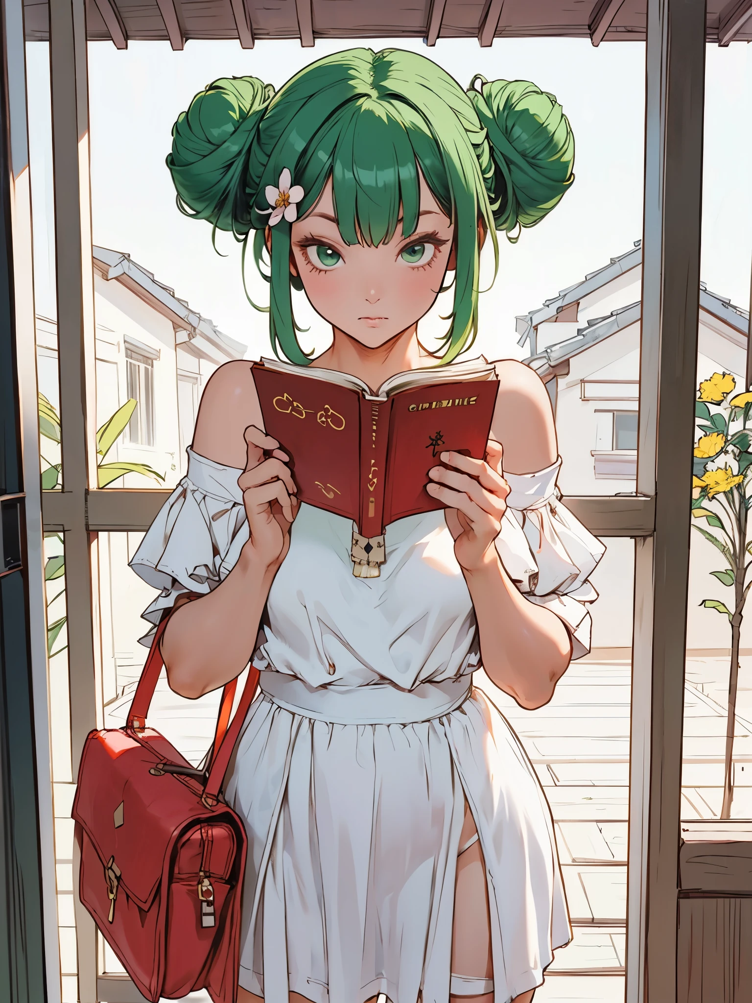 girl, holding an open book, white shortdress, frill-trim, off a shoulder, short sleeve, red school bag, twin bun, green hair, bangs, flower hairpin, shy expressions, blushing, house patio,