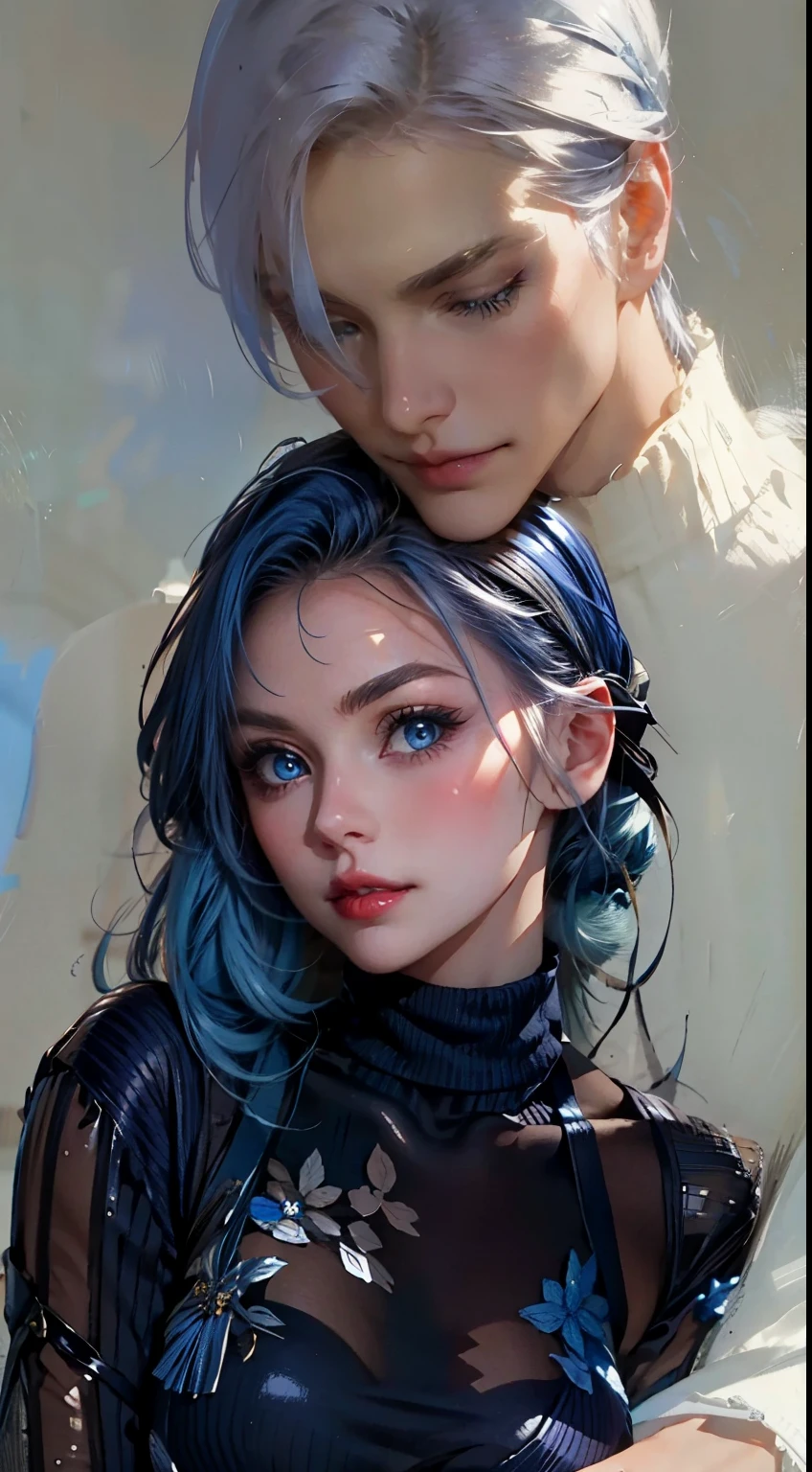 girl, blue hair, Blue eyes, serious sharp features , white skin, shiny lips, beautiful, perfect, sweater, your look at the lower left corner.