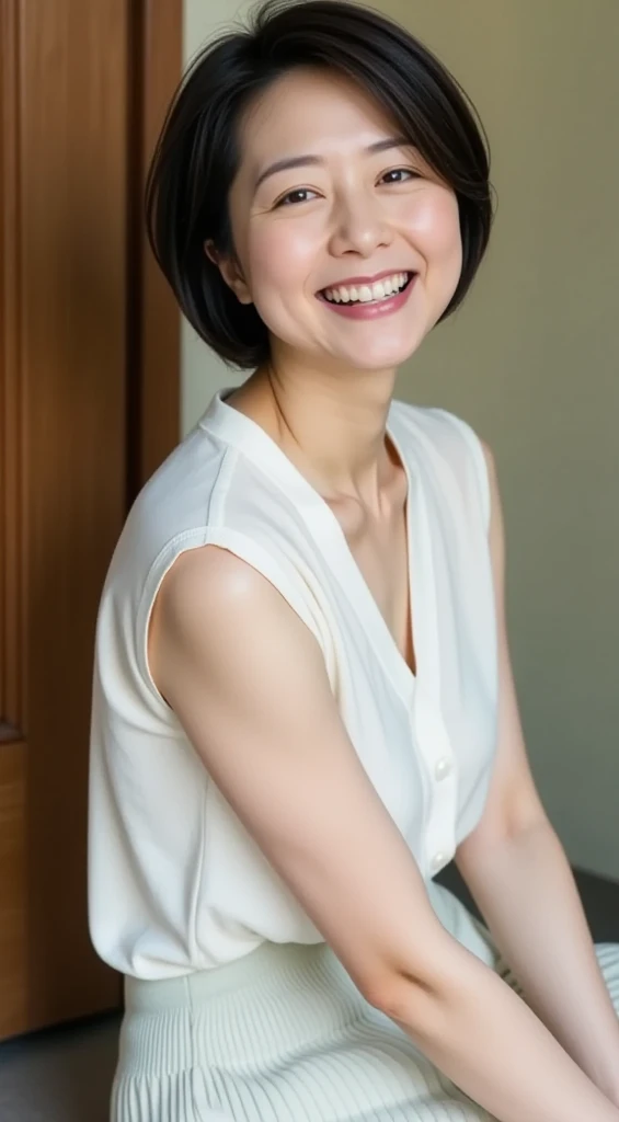 (Highest quality:1.5)、(masterpiece:1.5)、(8k:1.5)、(very small flat chest:1.5)、(Sleeveless, tight, light pink business shirt:1.5)、(A skirt so short that you can almost see her panties:1.5)、(Slender:1.5)、(Blushing:1.5)、(smile:1.5)、(whole body)、(Thin and beautiful legs:1.3)、((50 year old mature woman:2.0))、((Wrinkles around the eyes:1.7))、((Wrinkles around the mouth:1.7))、((Erect nipples:1.4))、(Entrance of the apartment:1.5)、(Elegant hairstyle:1.3)、(One woman:1.5)、(Beautiful black hair:1.5)、(Open the front of your business shirt:1.5)、(Leaning forward:1.5)、(A small portion of his flat chest is exposed through the gap in his business shirt.:1.5)、