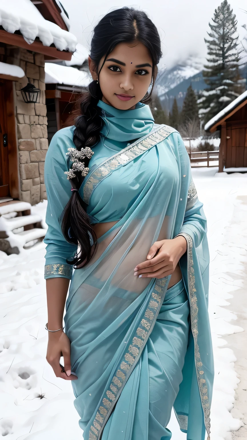 Indian Woman, 25 year old, dark blue satin saree, day time, mountain village, calm and frosty, detailed body, detailed face, oily body, gorgeous, ultra realistic, charming, cute, long braided hair, ambient lighting, foggy, winter, detailed background, volumetric lighting, shadow, 8k