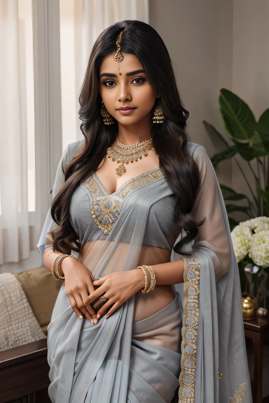 lovely cute young attractive indian girl, brown eyes, gorgeous actress, 23 years old, cute, an Instagram model, long blonde_hair, colorful hair, winter , Indian, wearing light green net saree and black half sleeve net blouse