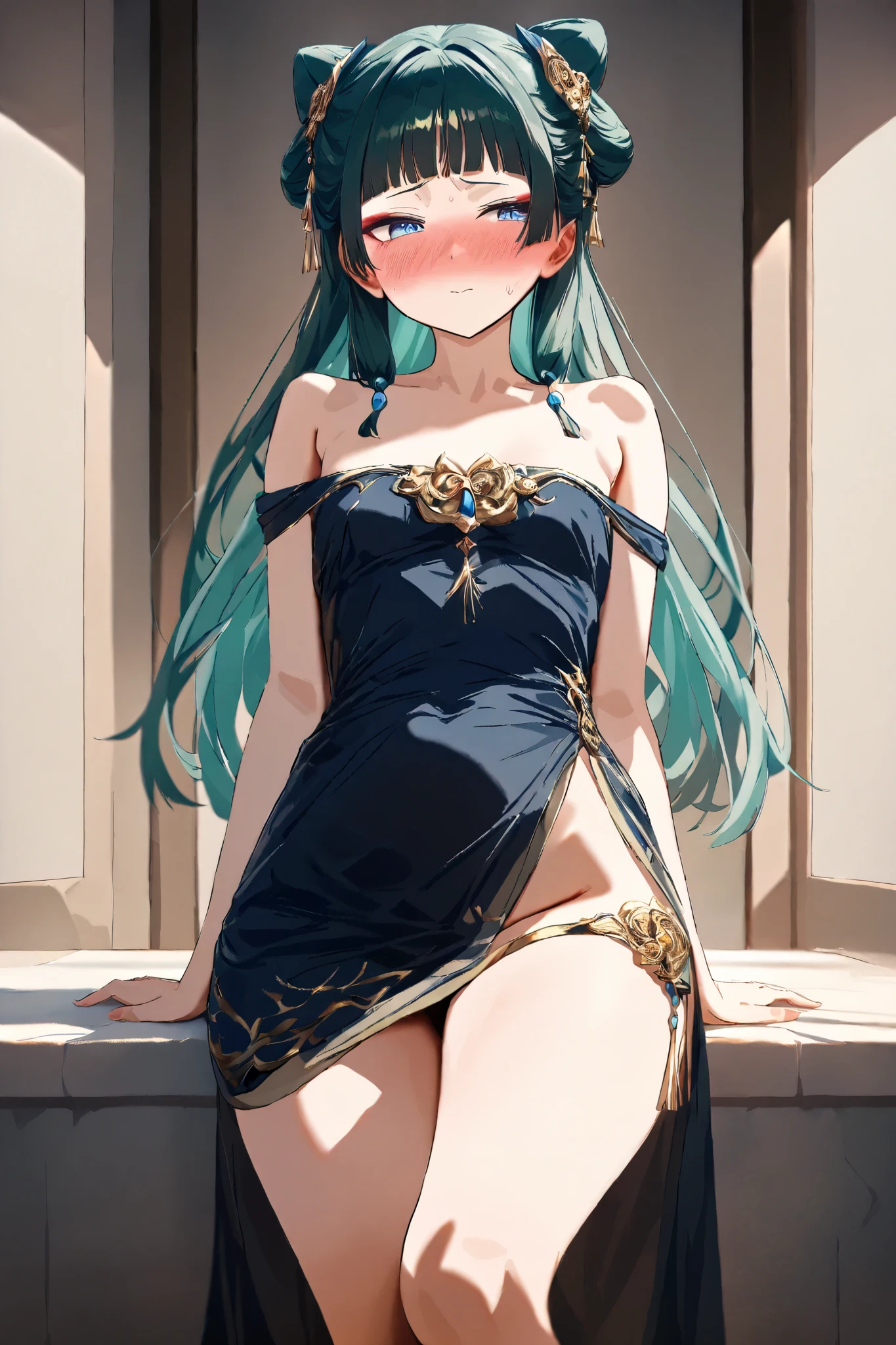 NSFW, Masterpiece, top quality, high resolution, very detailed,maomao、 long hair、bangs、 blue eyes、 hair ornament、 green hair、鈍いbangs, eyeliner, lip gloss, bun hair、 single bun,High-quality dress, miniskirt, off the shoulder ,Embarrassed,blush,Brothel
