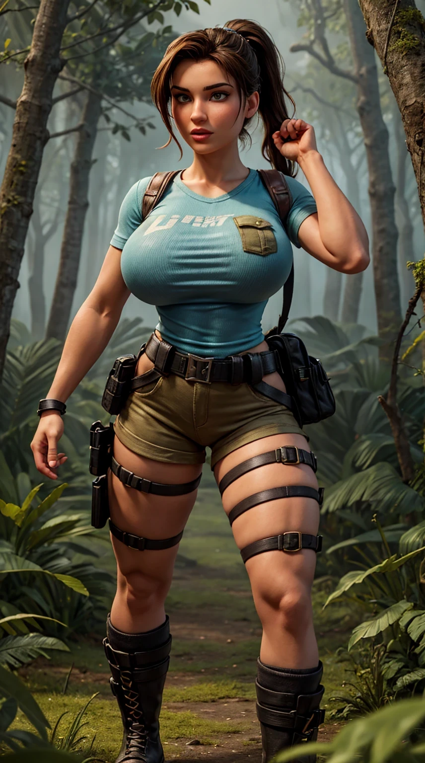 8k, ultra HD, super details, high qualiy, high resolution. lara Croft looks beautiful in full body photo, her body is sculptural. Her black hair is tied in a ponytail, a perfect match for her full lips., your shining eyes hypnotize everyone. She is wearing a light blue t-shirt, adjusted to the body, which allows freedom of movement, shortinho cor khaki, with side pockets that are practical for storing items, black combat boots, robust and suitable for difficult terrain, a utility belt, often adorned with climbing equipment and archeology tools, Lara is also often seen with a pair of pistols in holsters on her waist., reflecting his fearless character and combat skills. She is very sexy, drawing attention to her big breasts and thick legs. She is in a dark forest in the fog.