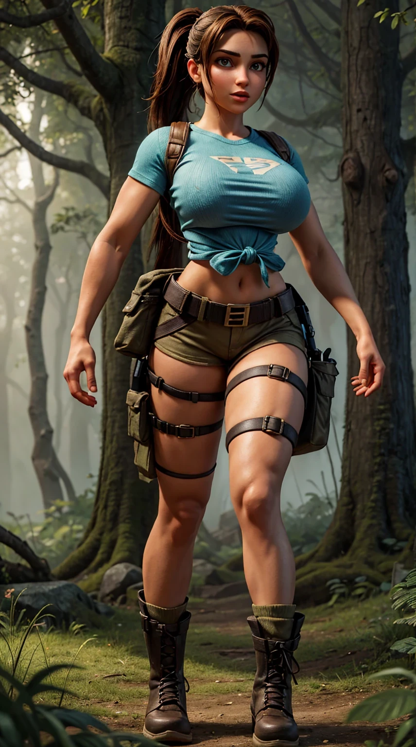 8k, ultra HD, super details, high qualiy, high resolution. lara Croft looks beautiful in full body photo, her body is sculptural. Her black hair is tied in a ponytail, a perfect match for her full lips., your shining eyes hypnotize everyone. She is wearing a light blue t-shirt, adjusted to the body, which allows freedom of movement, shortinho cor khaki, with side pockets that are practical for storing items, black combat boots, robust and suitable for difficult terrain, a utility belt, often adorned with climbing equipment and archeology tools, Lara is also often seen with a pair of pistols in holsters on her waist., reflecting his fearless character and combat skills. She is very sexy, drawing attention to her big breasts and thick legs. She is in a dark forest in the fog.