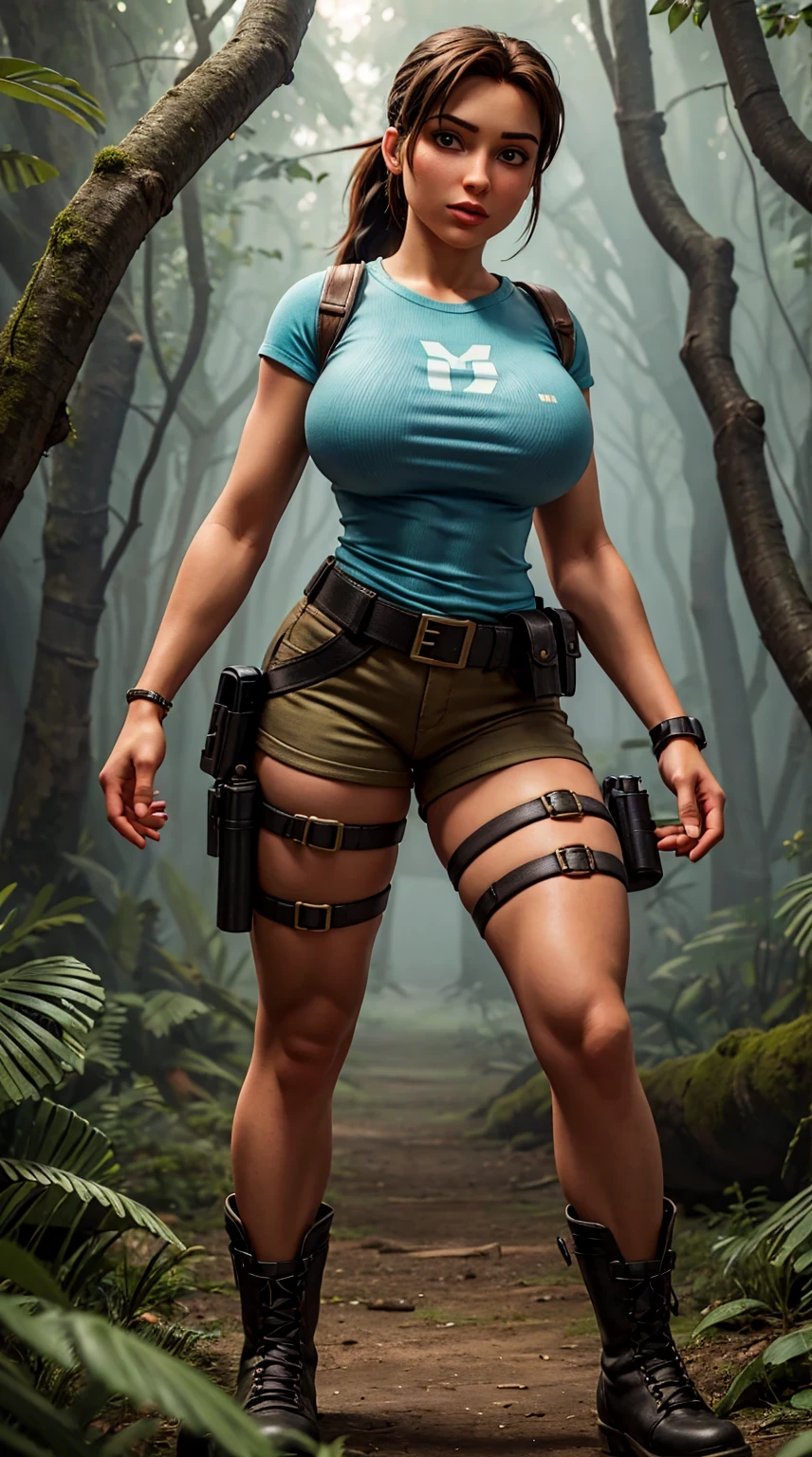 8k, ultra HD, super details, high qualiy, high resolution. lara Croft looks beautiful in full body photo, her body is sculptural. Her black hair is tied in a ponytail, a perfect match for her full lips., your shining eyes hypnotize everyone. She is wearing a light blue t-shirt, adjusted to the body, which allows freedom of movement, shortinho cor khaki, with side pockets that are practical for storing items, black combat boots, robust and suitable for difficult terrain, a utility belt, often adorned with climbing equipment and archeology tools,  Lara is also often seen with a pair of pistols in holsters on her waist., reflecting his fearless character and combat skills. She is very sexy, drawing attention to her big breasts and thick legs. She is in a dark forest in the fog.