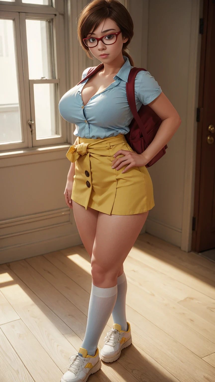 ((anime, estilo Anime profesional, A fair-skinned young woman with waist-length dark brown hair and brown eyes. Ella es descrita como una chica muy linda y atractiva, and is often seen wearing the standard school uniform, que consiste en una camisa blanca con una corbata roja, una minifalda ultracorta plisada azul marino y zapatos marrones, pose lateral random))