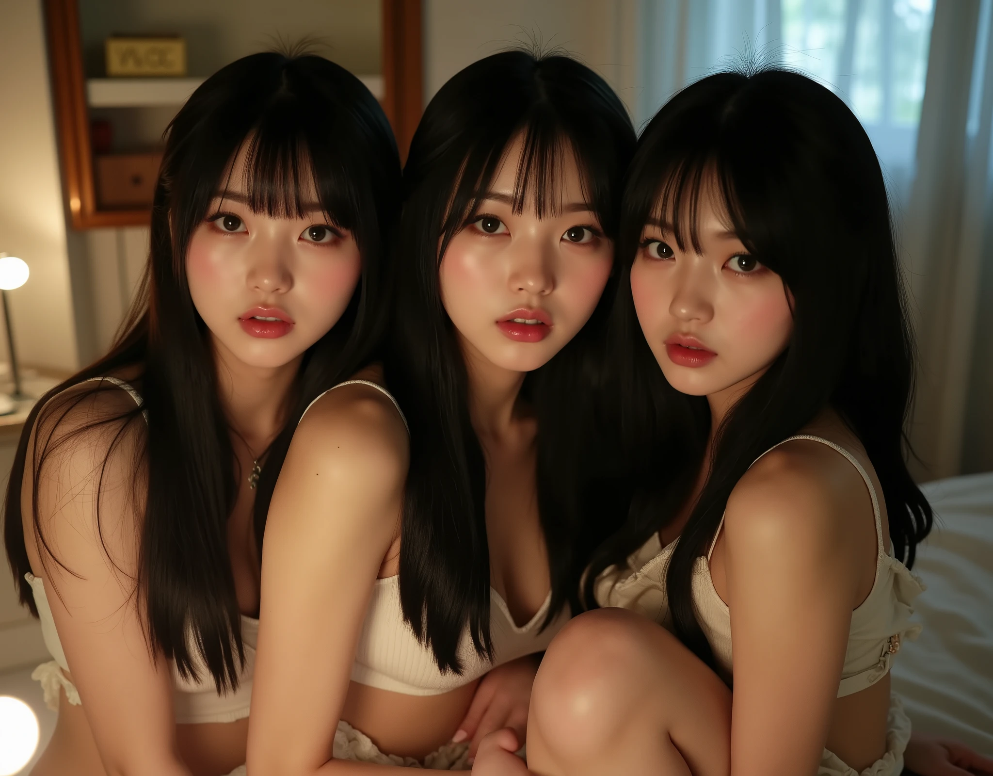 yung, 3 garotas, 3 irmas, selfie, 3 korean, idol, convidando sexo, olhos puxados, olhos grandes, franja separada do lado direito , youthful appearance , light black hair , detalhes eyes, pupil , iris, smiling, grin, Rounded face, youthful appearance , sentada na beira da bed, nudes , vintage aesthetics ,cute face, full lips, long hair, volumoso hair, luz media, luz Environment, schedule :night , reflexos no Environment, Environment focado, looking, Environment:Room, bed, being, objects, leds, olhos revirados, possuida, with text: "nokes369", 3 girls, sisters