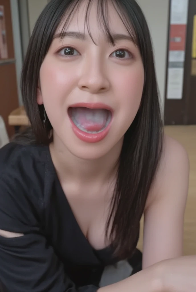 japanese gravure idol,cute-fine -face, cleavage,adult,(ahegao),black hair,tareme,cum on face,bukkake on face,smile,wink,open mouth,look up to viewer,woman  kneeling on floor,from above,at toilet,(face focus),close up