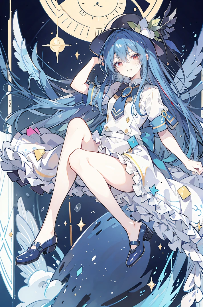 Young girl ,human nature, Magicians always smile , Big wizard hat , cute, Long dark blue hair , Eyes stuck , Heavy navigation , slim eyebrows ,Fantasy , ,Double row of teeth, Star Theme , Constellation pattern , Solid color costume decoration ,cloak, Slightly dark vibe , Slightly crazy smile , Night Australia Outdoor Photo,[Blood, Black stars ,[ short tie , No iron pins ,High waist skirt, Pendant Sleeve ,Long-sleeved shirt, black tie , Low risk ,gentleman。Rubbish 、 Yellow-white effect , Shocking pink as a light color,night, Meniscus , hand, Two feet, loaded 。