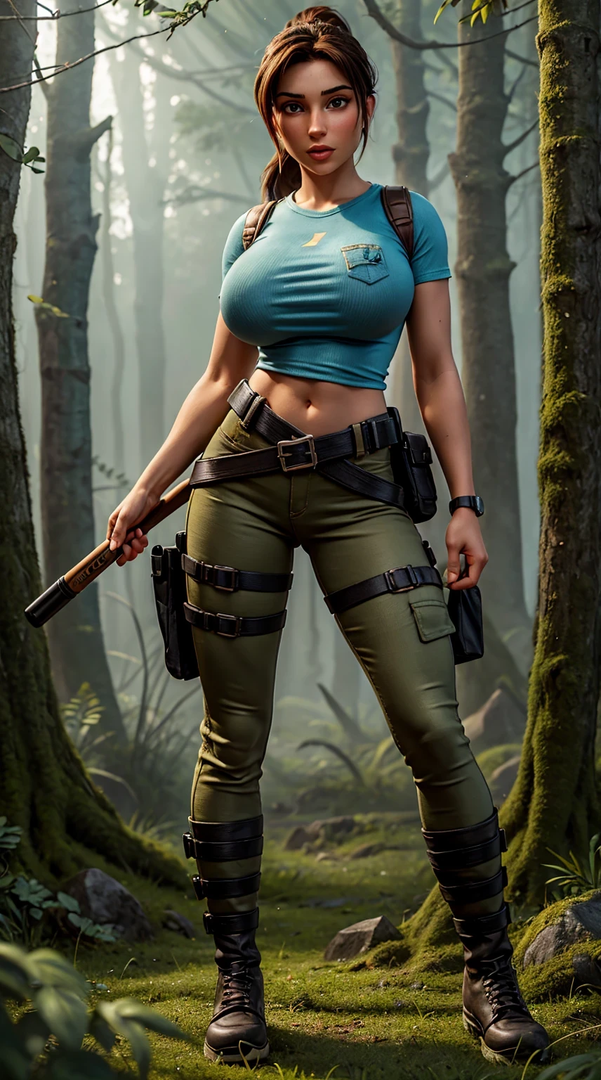 8k, ultra HD, super details, high qualiy, high resolution. lara Croft looks beautiful in full body photo, her body is sculptural. Her black hair is tied in a ponytail, a perfect match for her full lips., your shining eyes hypnotize everyone. She is wearing a light blue t-shirt, adjusted to the body, which allows freedom of movement, shortinho cor khaki, with side pockets that are practical for storing items, black combat boots, robust and suitable for difficult terrain, a utility belt, often adorned with climbing equipment and archeology tools,  Lara is also often seen with a pair of pistols in holsters on her waist., reflecting his fearless character and combat skills. She is very sexy, drawing attention to her big breasts and thick legs. She is in a dark forest in the fog.